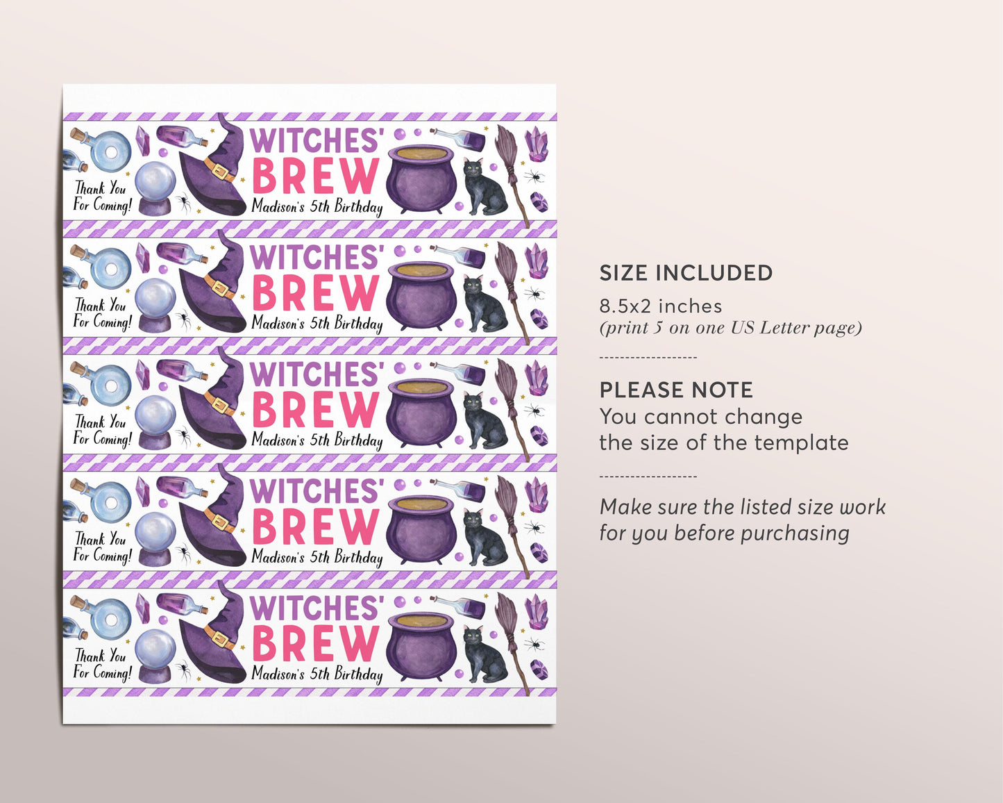 Witches Brew Water Bottle Labels Editable Template, Witch Birthday Party Drink Wrapper Tags, Halloween Spooky Night Cauldron Bottle Wrap