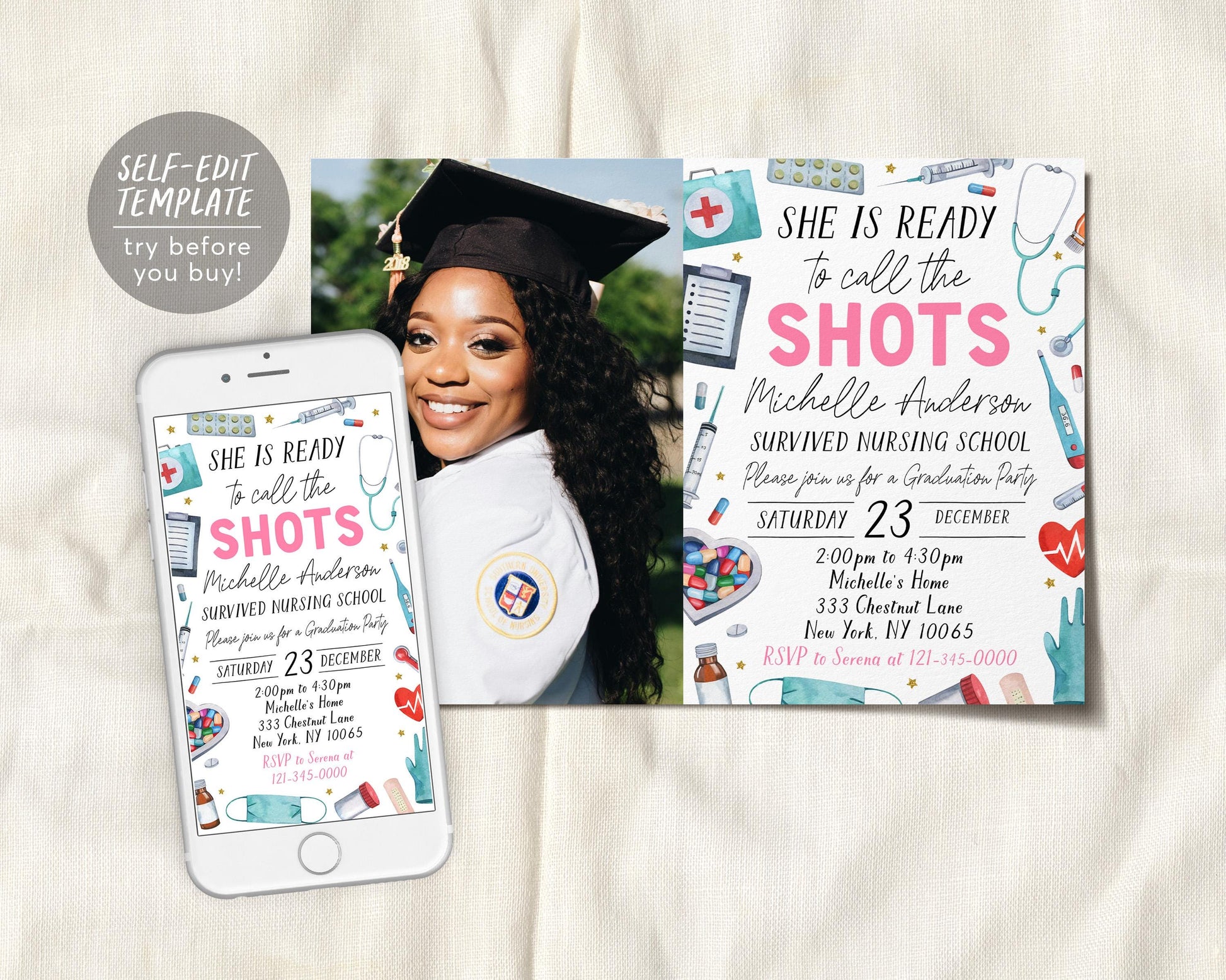 Nurse Graduation Invitation With Photo Editable Template