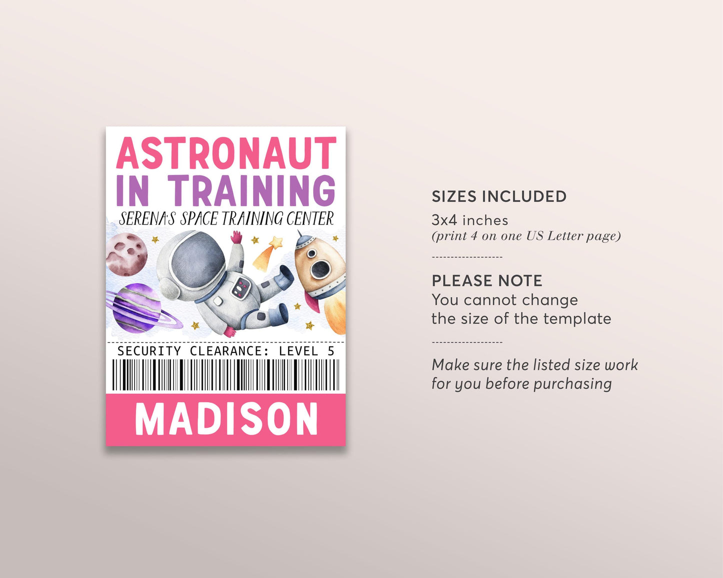 Outer Space Birthday All Star VIP Pass Editable Template, Girl Astronaut Solar Rocket Party All Access Pass, Guest Name Tag Insert ID Badge