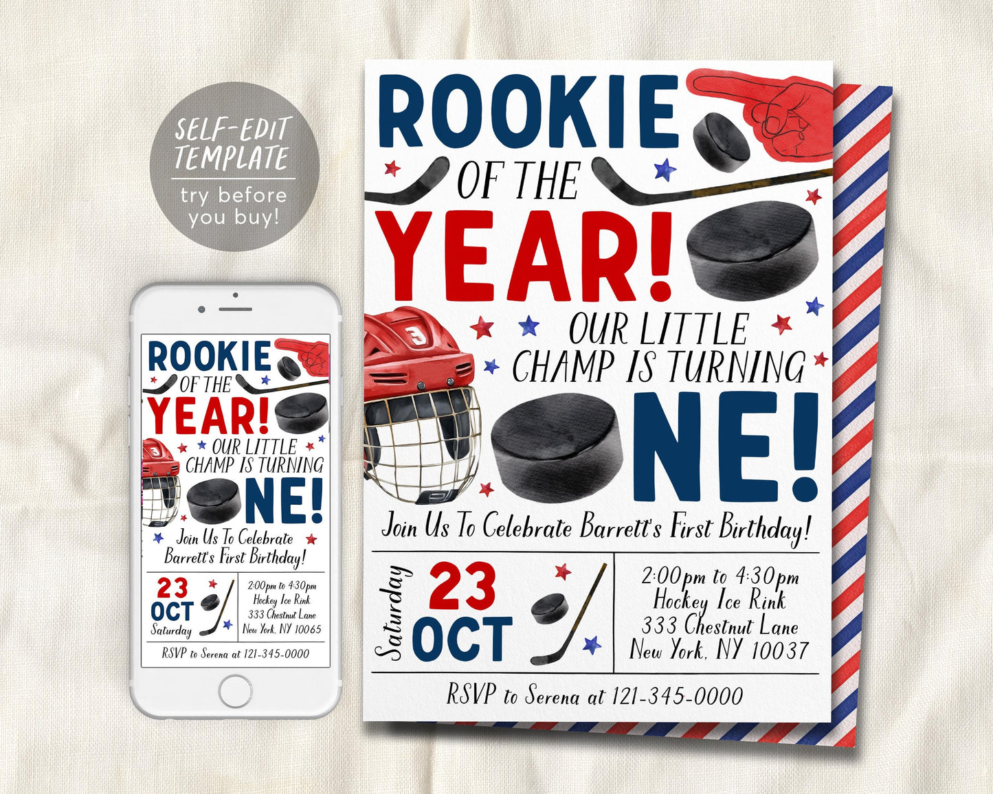Ice Hockey First Birthday Invitation Editable Template