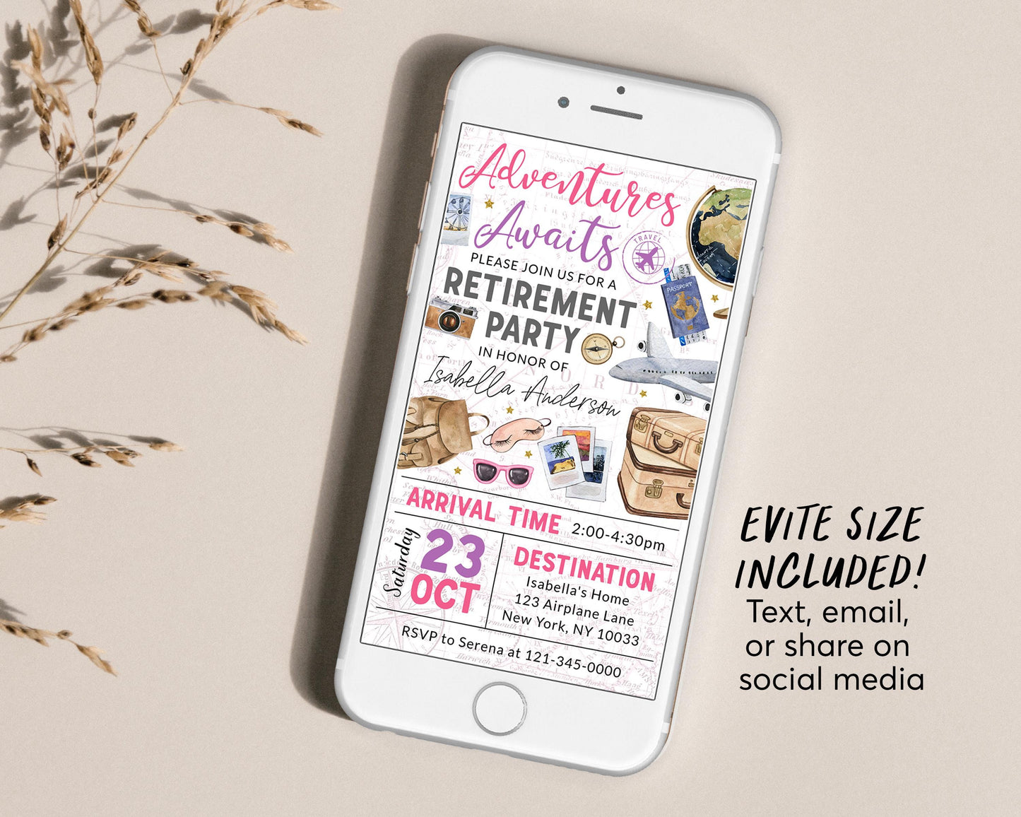 Travel Retirement Invitation With Photo Editable Template, Adventure Awaits Retirement Farewell Party Invite For Her, Around The World Evite