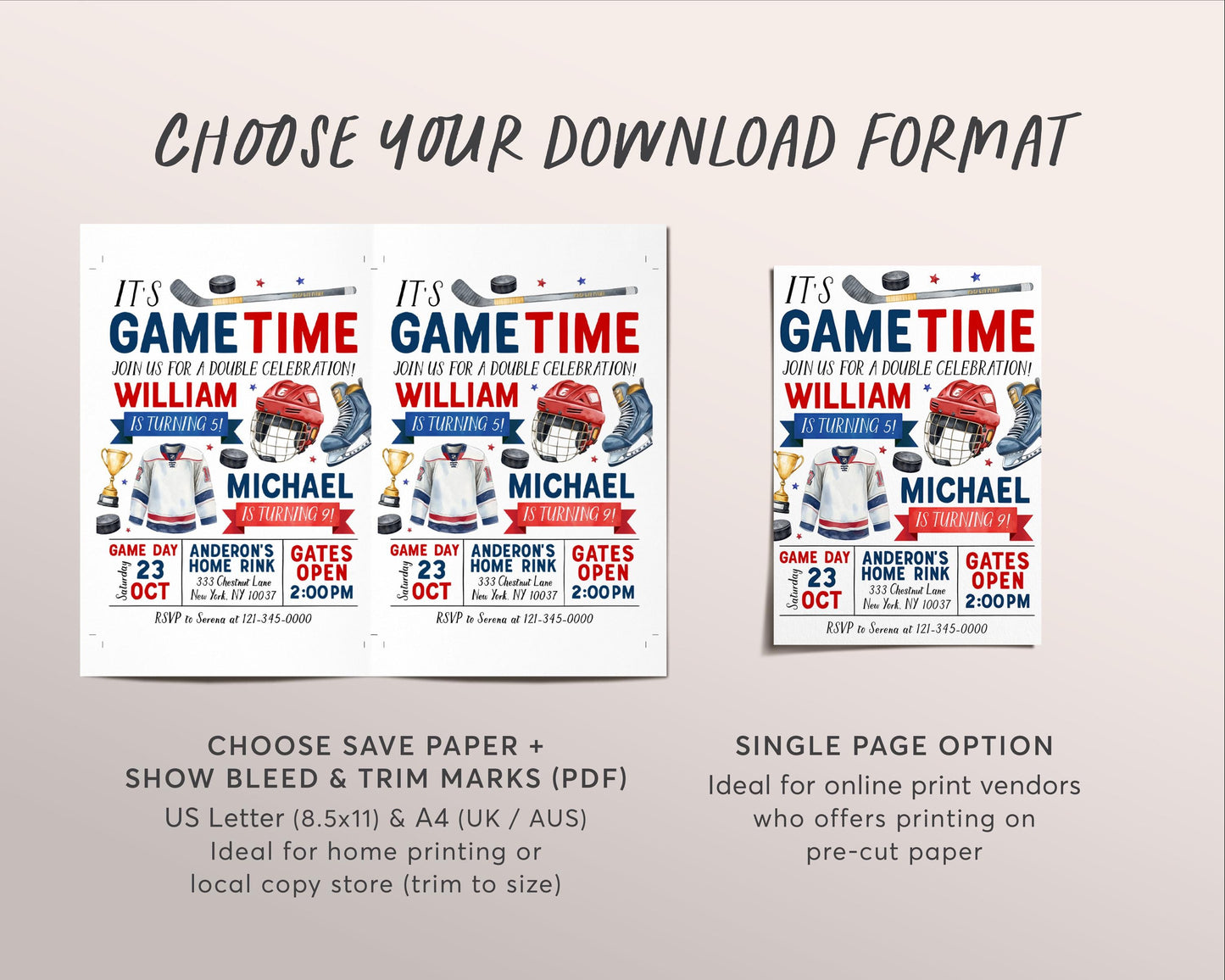 Ice Hockey Joint Siblings Birthday Invitation Editable Template, Boy Twins Ice Skating Rink Hockey Invite, Sports Puck Stick Helmet Evite