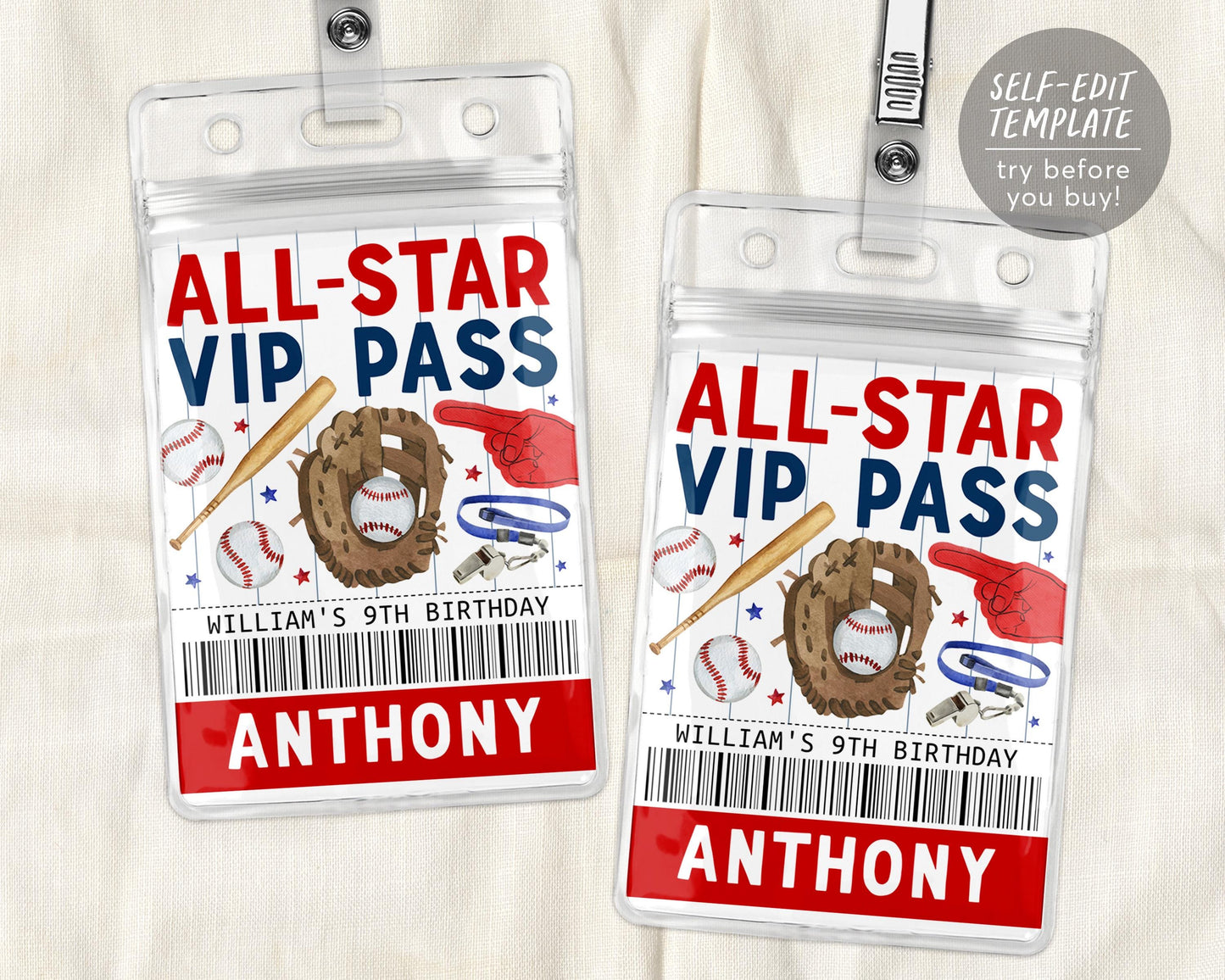 Baseball Birthday All Star VIP Pass Editable Template