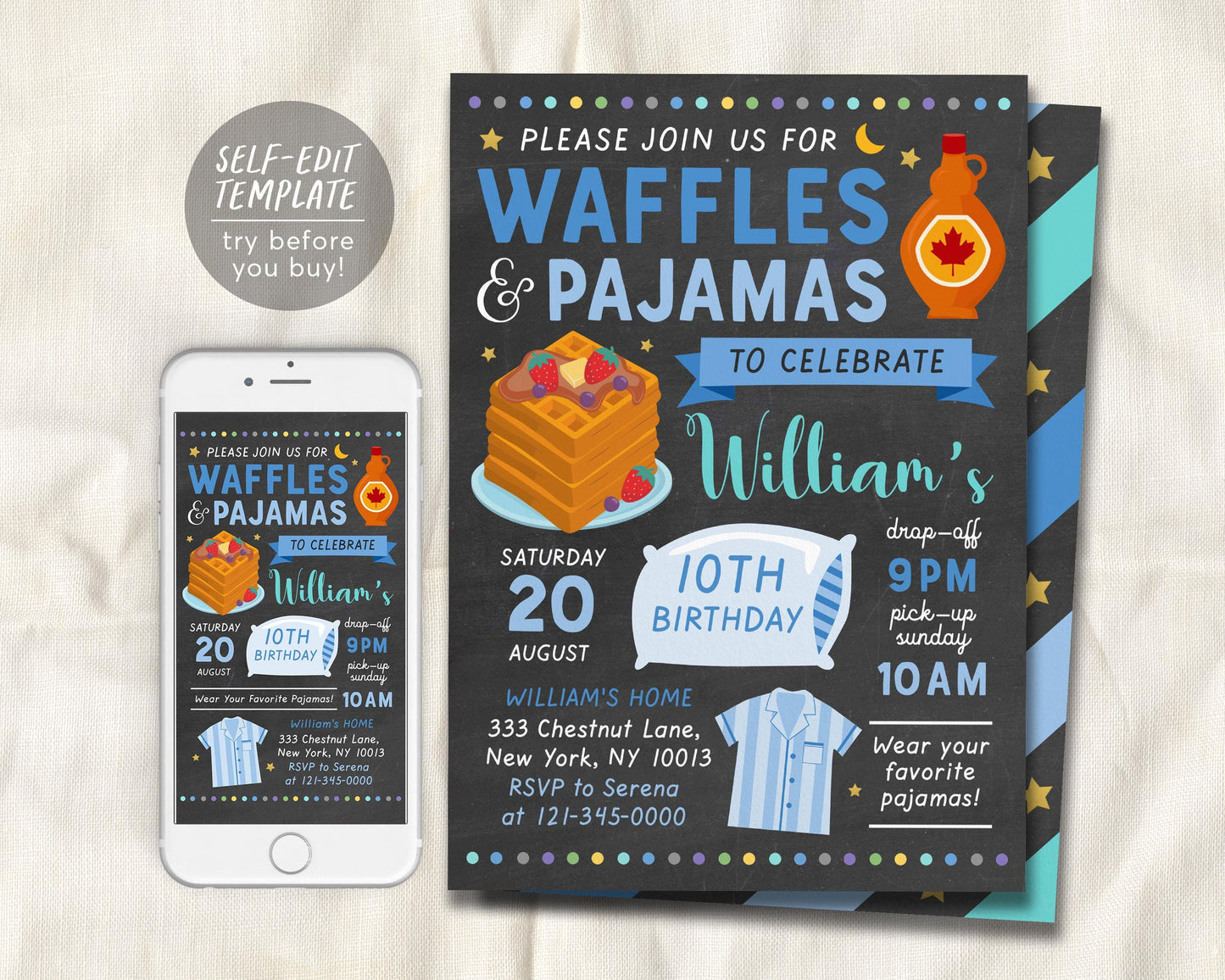 Waffles and Pajamas Party Birthday Invitation Template