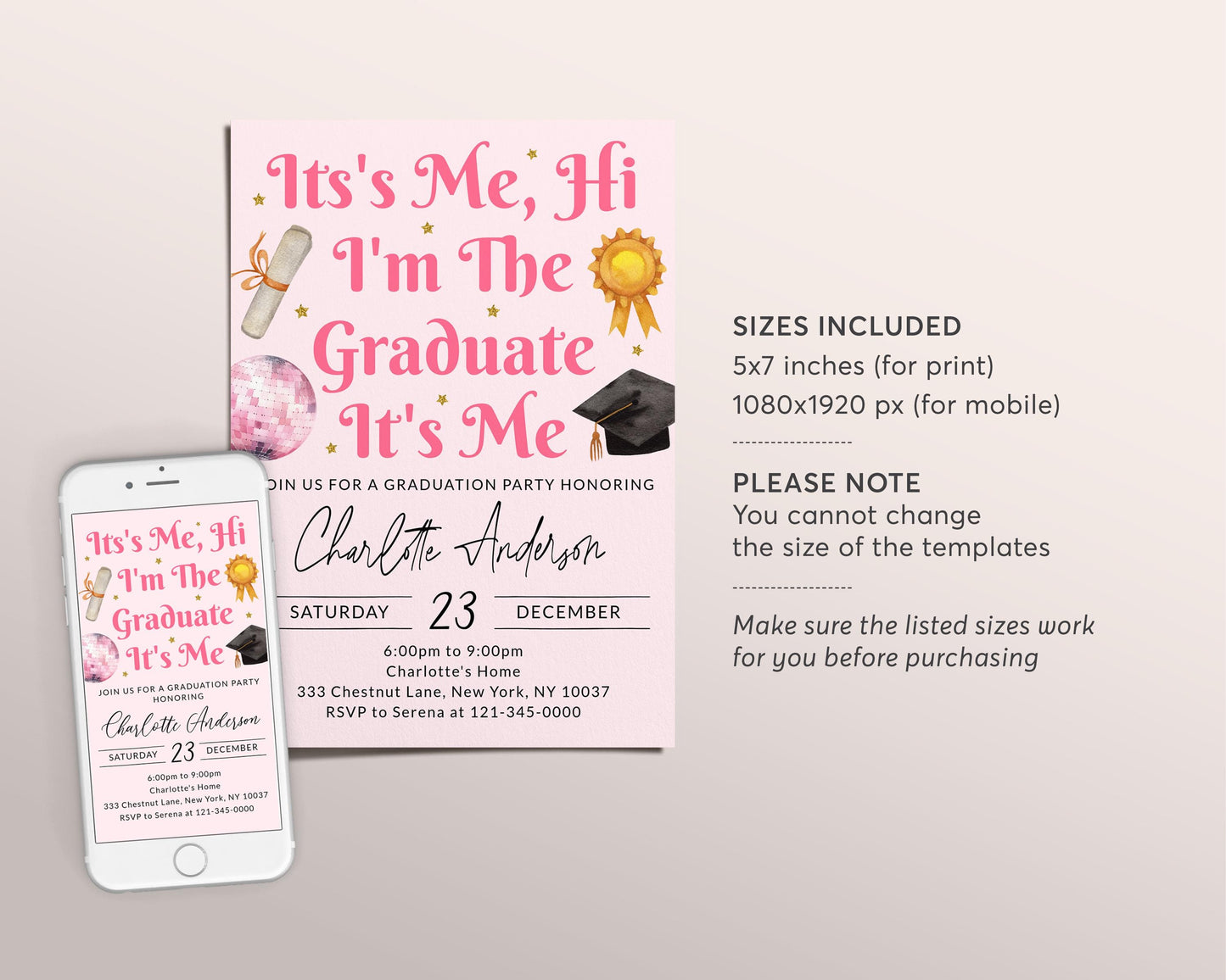 It's Me Hi I'm The Graduate Its Me Invitation Editable Template, Graduation Announcement Party Invite, In My Graduation Era School Evite