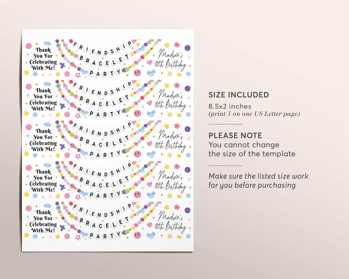 Friendship Bracelet Water Bottle Labels Editable Template, Bracelet Making Birthday Party Bottle Wrapper Drink Tags, Jewelry Making Wrap
