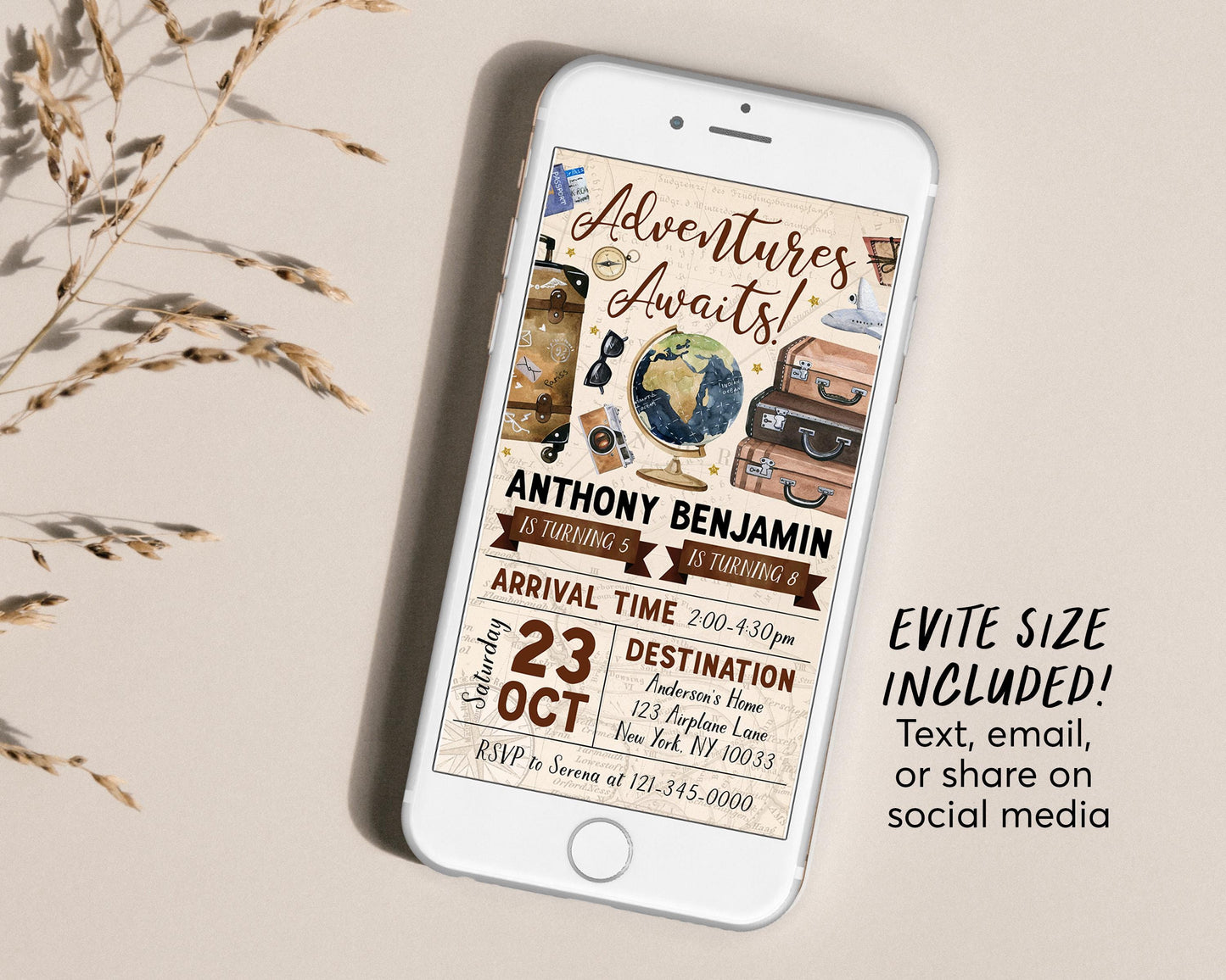 Adventure Awaits Travel Joint Siblings Birthday Invitation Editable Template, Twins Around the World Party Invite, Vintage Map Plane Evite