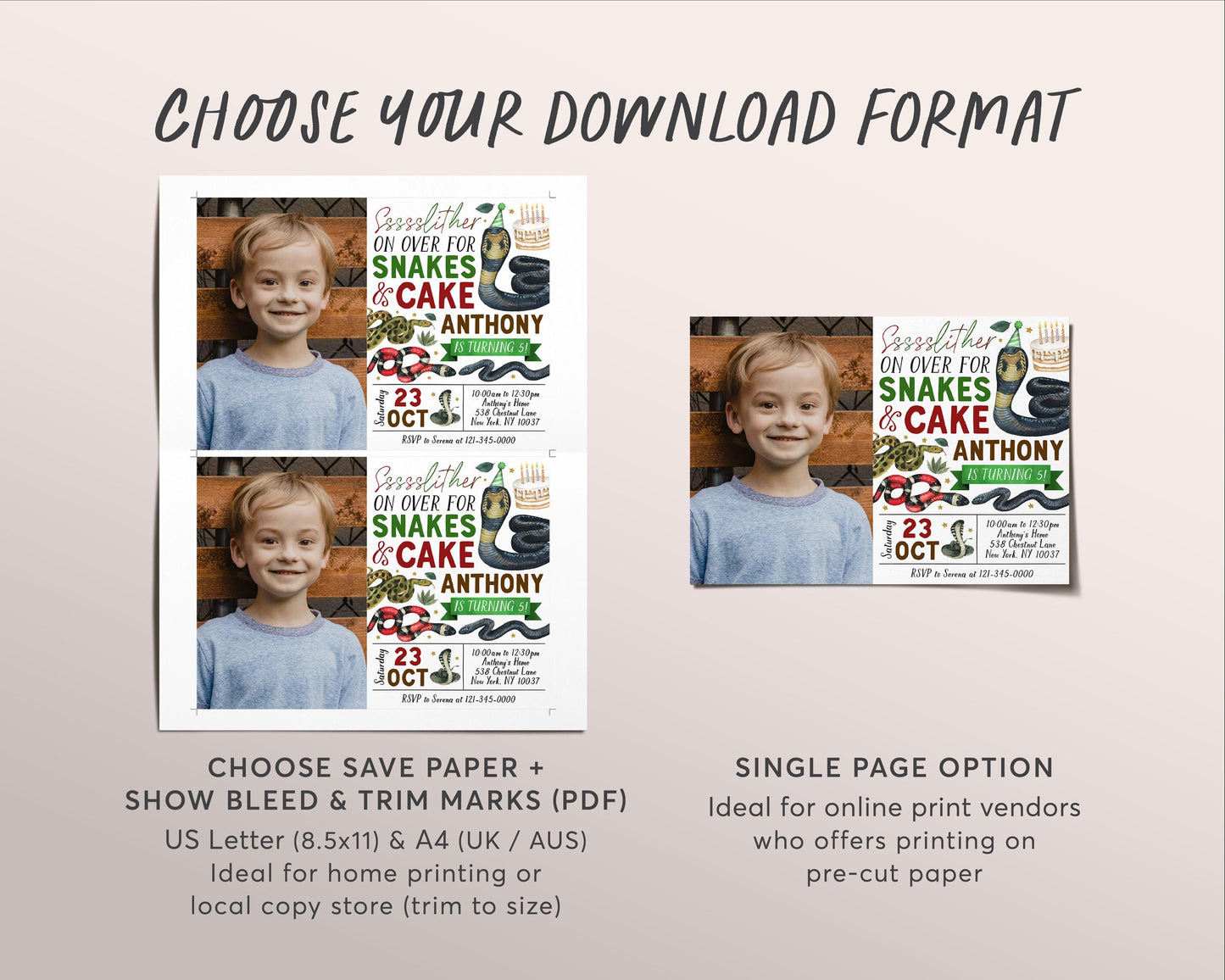 Snake Birthday Invitation With Photo Editable Template, Boy Snake And Cake Nature Theme Party Invite, Kids Slither On Over Reptile Evite