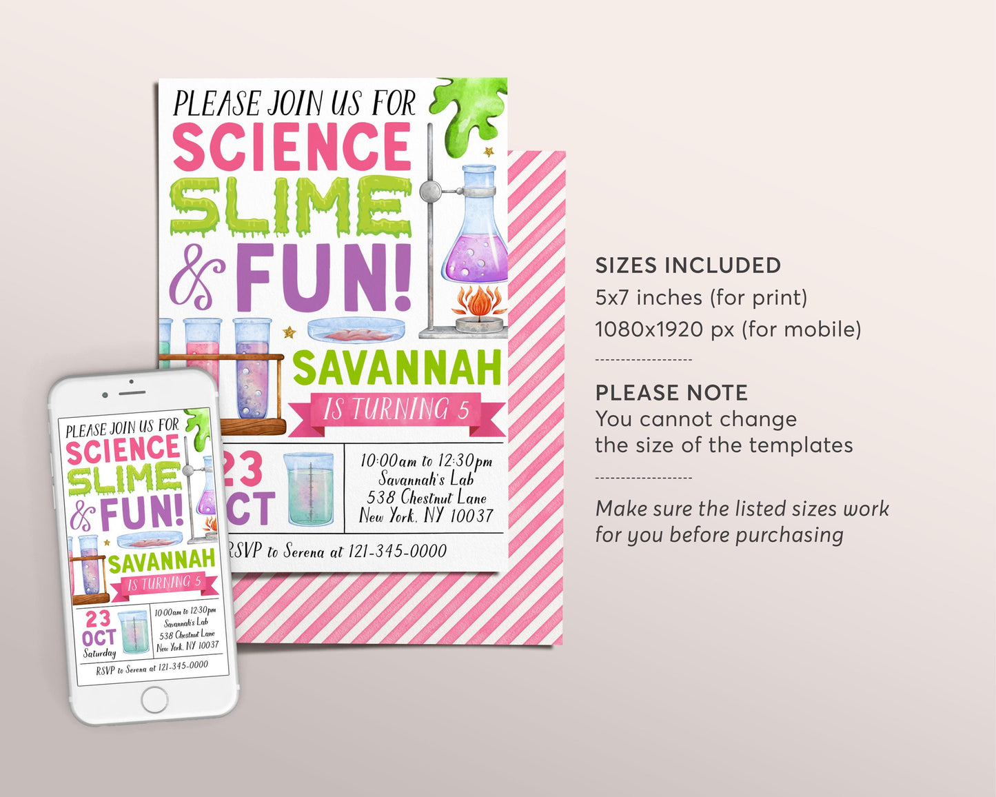 Science Slime Birthday Invitation Editable Template, Girl Scientist Slime Experiment Party Invite, Kids Professor Science Lab Party Evite