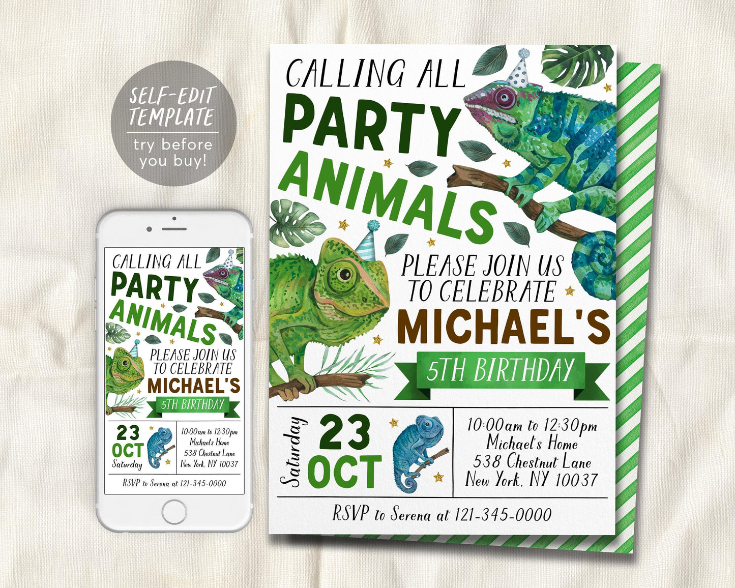 Chameleon Birthday Invitation Editable Template