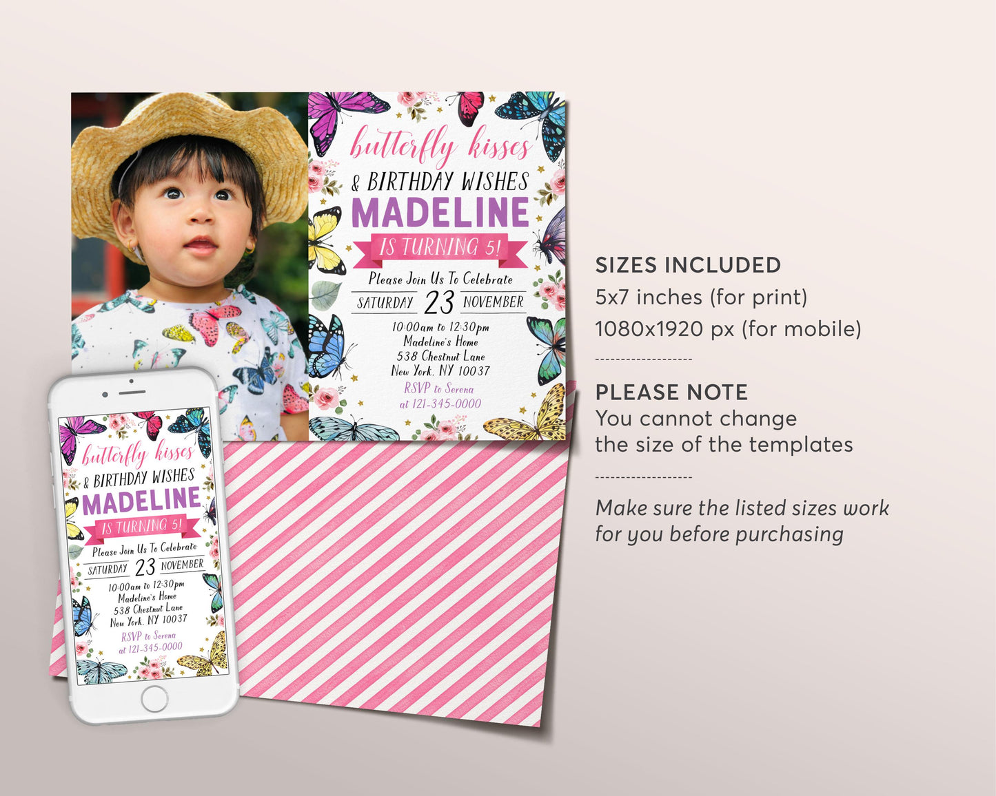 Butterfly Birthday Invitation With Photo Editable Template, Butterfly Kisses and Birthday Wishes Party Invite, Butterflies Garden Evite