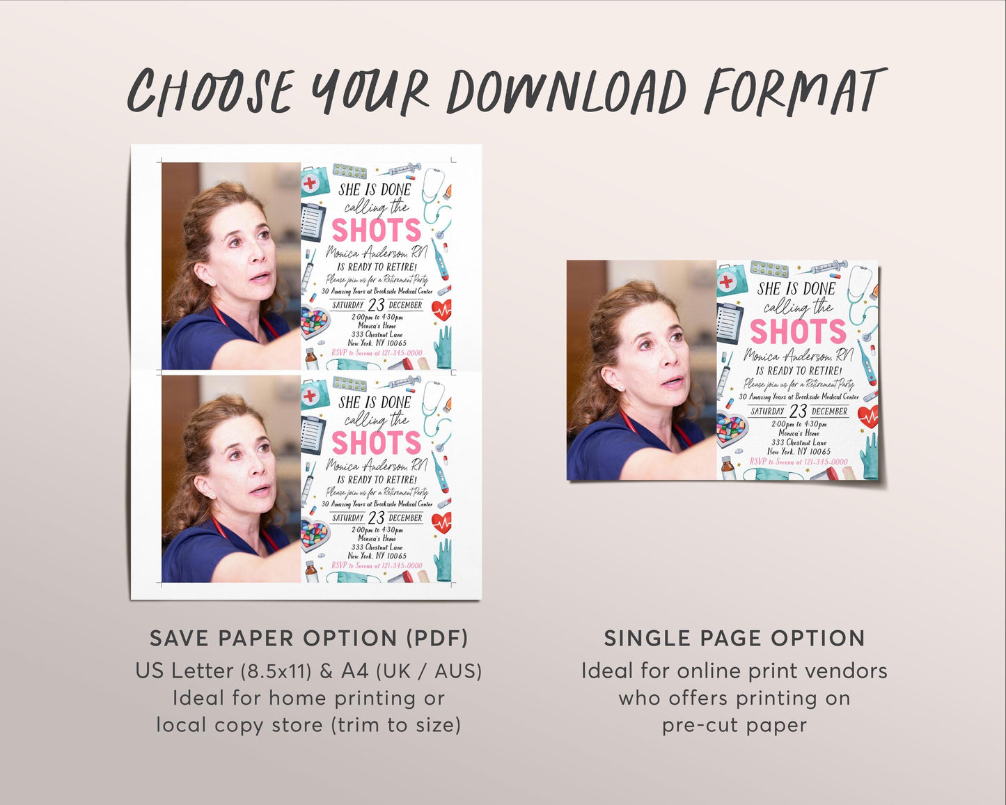 Nurse Retirement Invitation With Photo Editable Template, She Is Done Calling The Shots Retire Invite, RN Retirement Party Medical Evite