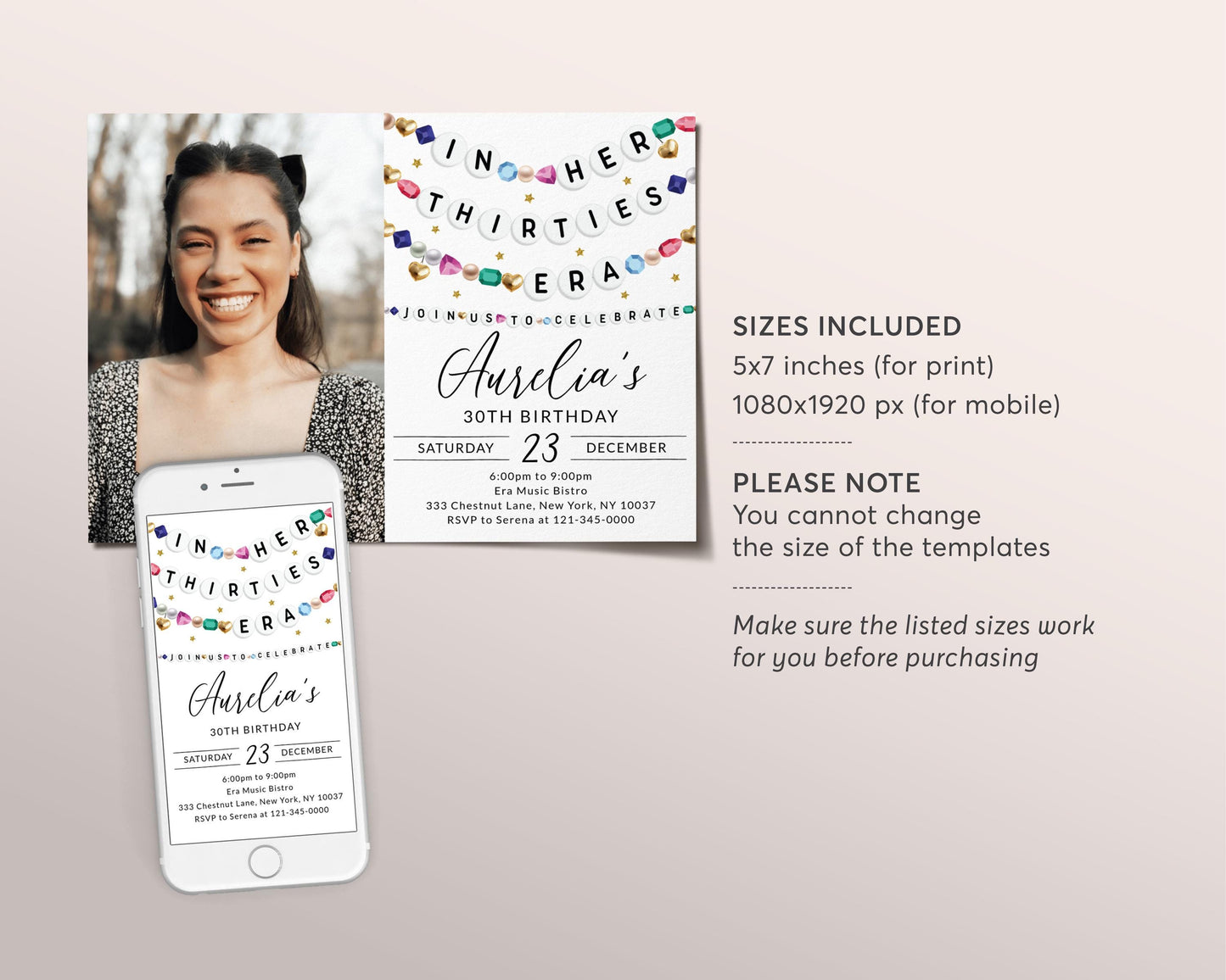 In My Thirties Era Invitation With Photo Editable Template, Friendship Bracelet Party Invite, Thirtieth 30th Birthday Girl Eras Music Evite