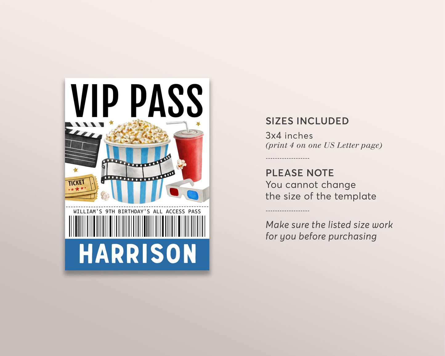 Movie Night VIP Pass Editable Template, Boy Movie Party All Access Pass, Hollywood Popcorn Party Name Insert, ID Badge VIP Insert Lanyard