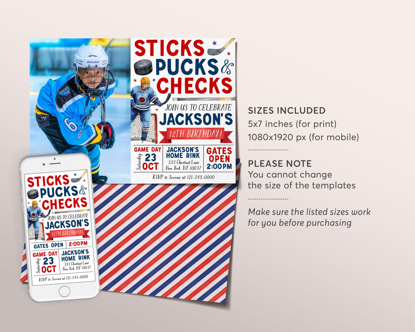 Ice Hockey Birthday Invitation With Photo Editable Template, Sticks Pucks Checks Ice Skating Rink Invite, Sports It's Game Time Helmet Evite