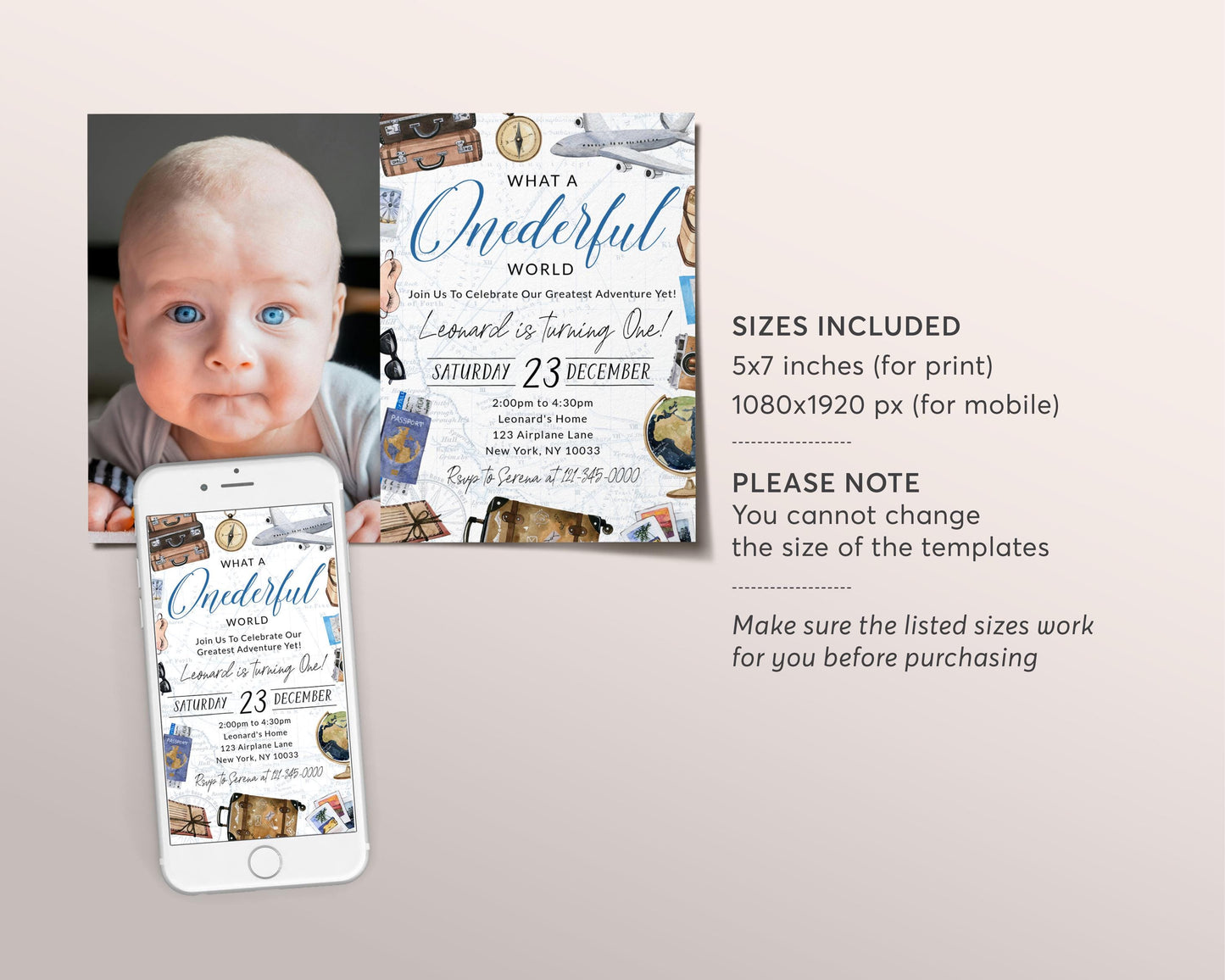 What A Onederful World First Birthday Invitation With Photo Editable Template, Boy Travel Around the World Party Invite, Vintage Map Evite