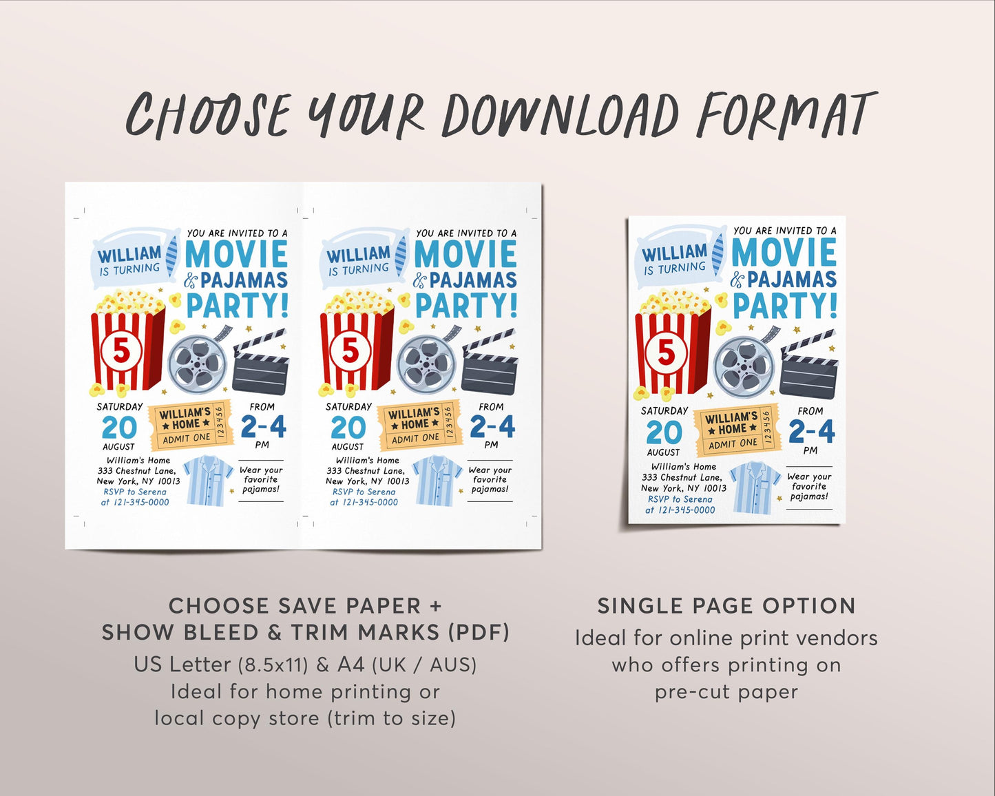Movie and Pajamas Party Birthday Invitation Editable Template, Boy Movie Slumber Party Popcorn Invite, Sleepover Movie Night Ticket Evite