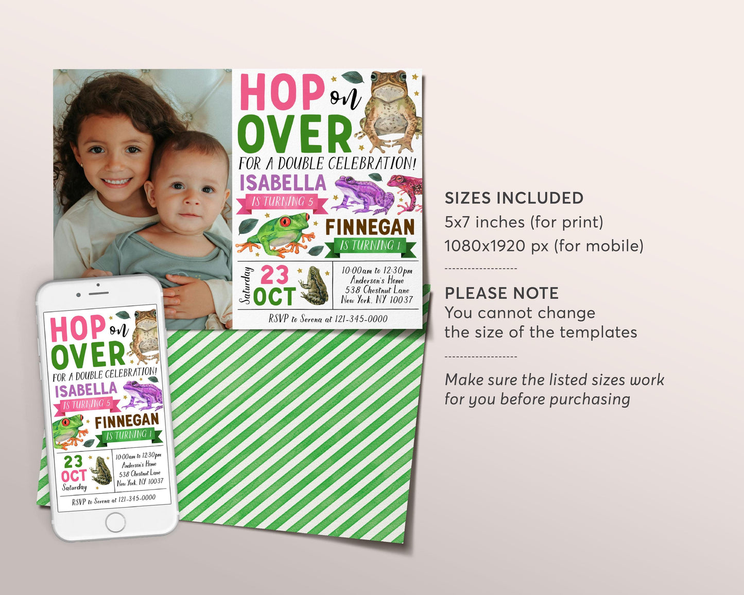 Frog Joint Siblings Birthday Invitation With Photo Editable Template, Girl Boy Twins Hop On Over Frogs Party Invite, Kids Pond Nature Evite