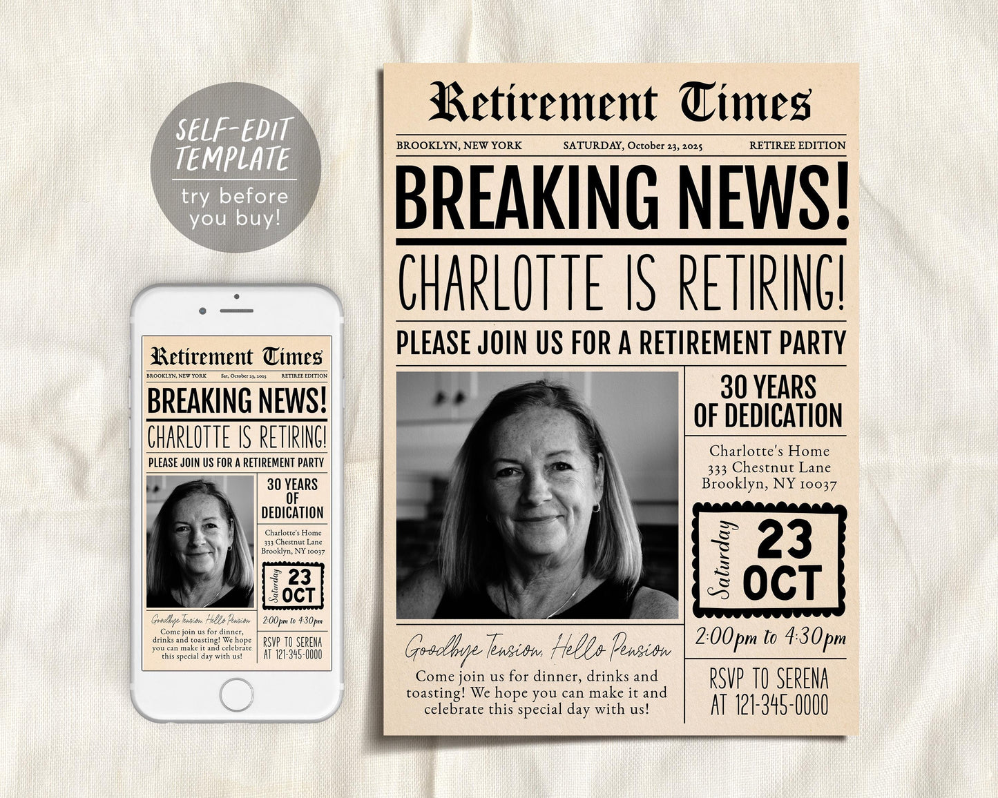 Retirement Newspaper Invitation Editable Template
