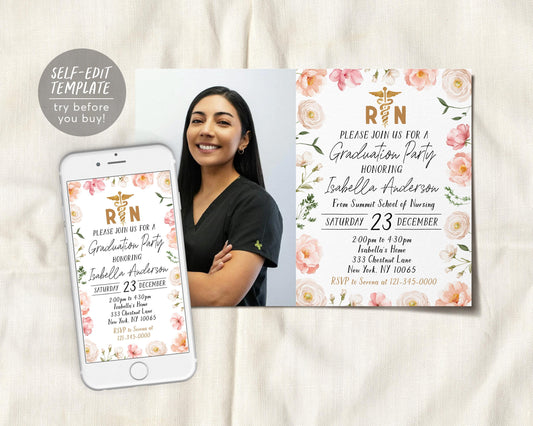 Nursing School Graduation Invitation With Photo Editable Template