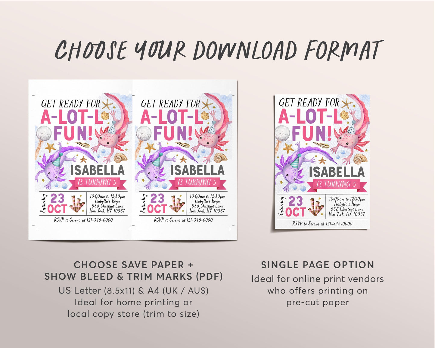 Axolotl Birthday Invitation Editable Template, Girl Axolotl Theme Alotl Fun Party Invite, Under The Sea Lake Evite Seashells Printable