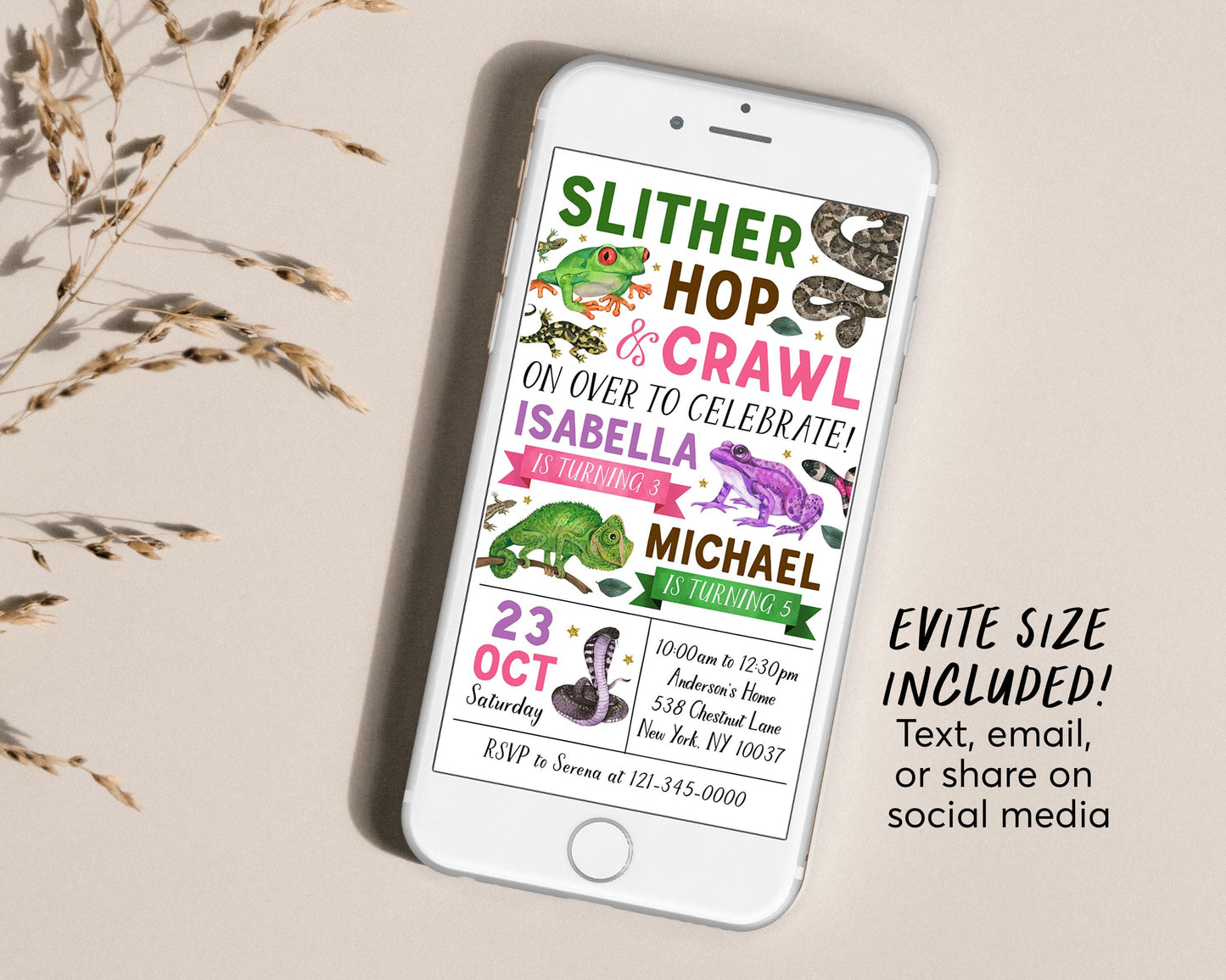 Reptile Joint Siblings Birthday Invitation Editable Template, Boy Girl Twins Slither Hop Crawl Party Invite, Kids Creepy Crawly Nature Evite