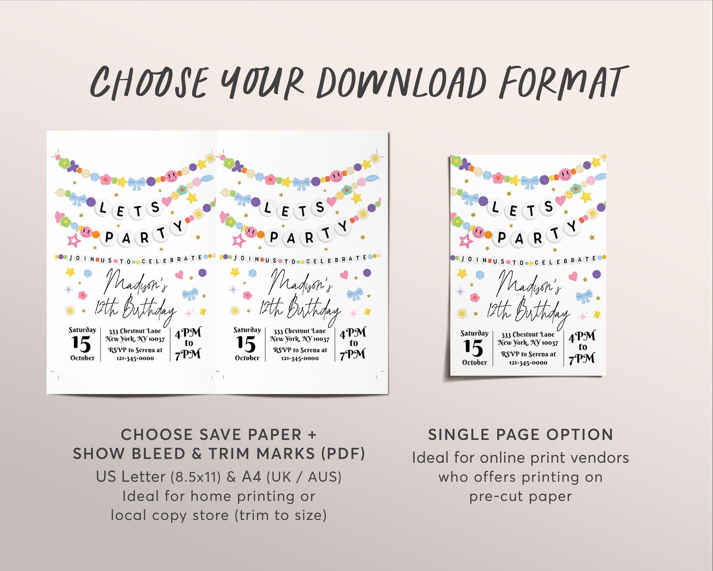 Friendship Bracelet Birthday Invitation Editable Template, Bracelet Making Party Invite, Let's Party Girl Jewelry Making Beads Party Evite