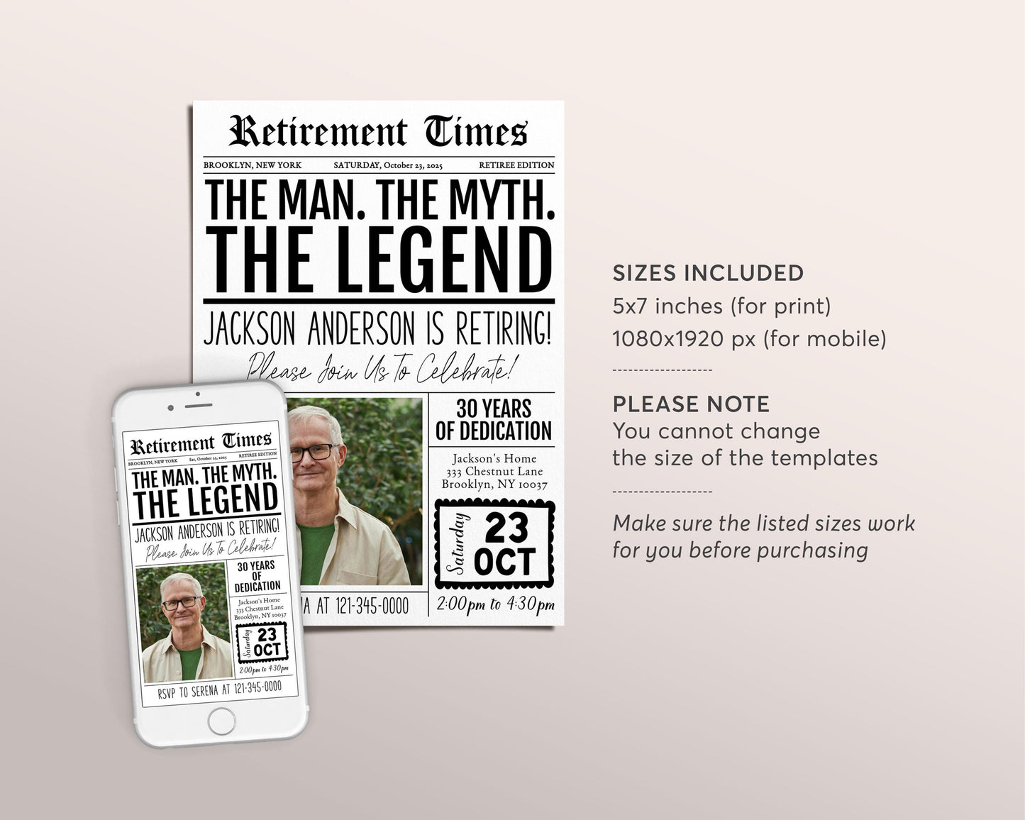 The Man The Myth The Legend Retirement Invitation Editable Template, Funny Retirement Newspaper Surprise Party Invite, Career Farewell Evite