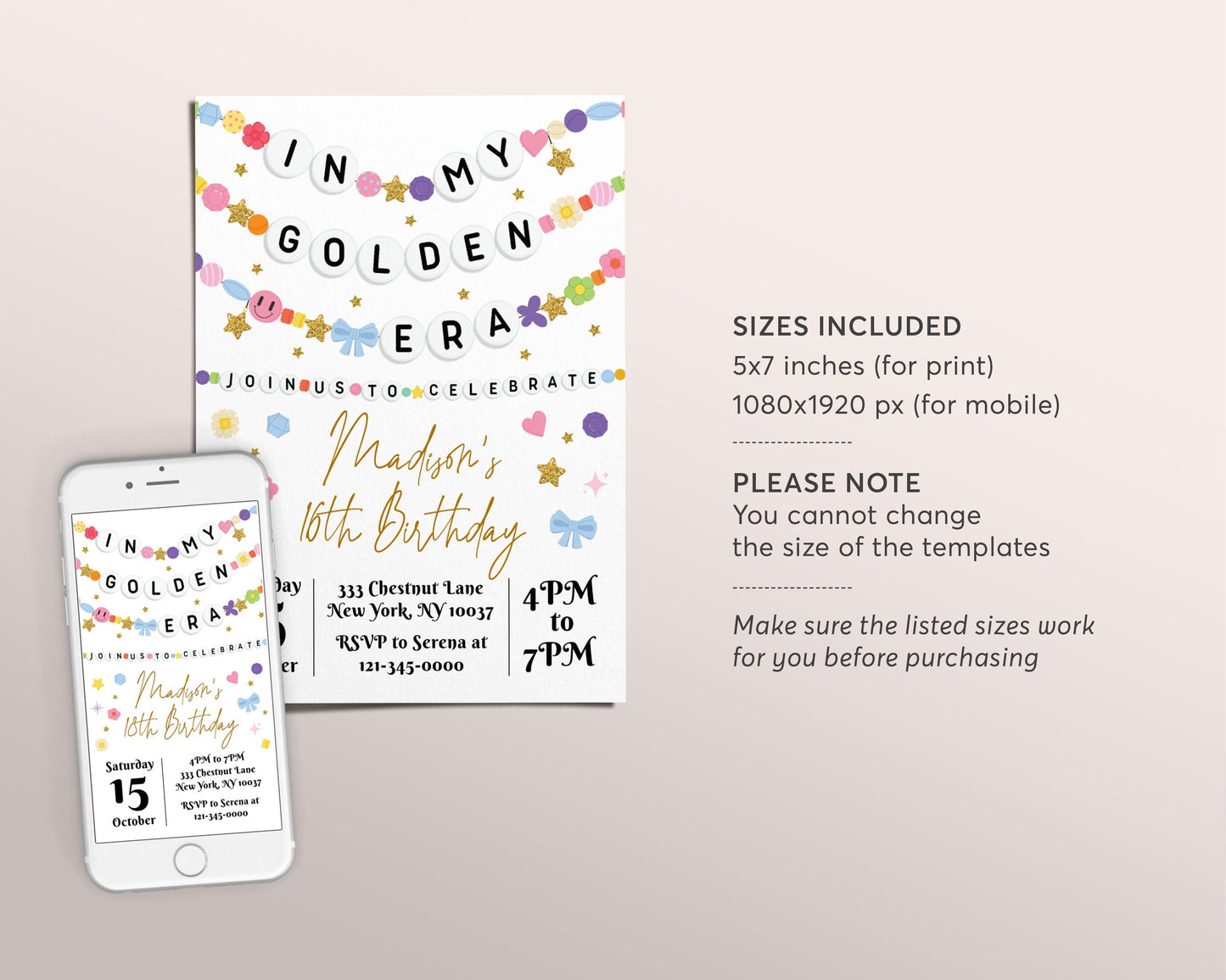In My Golden Era Invitation Editable Template, Friendship Bracelet Party Invite, Tween Teen Birthday Girl Eras Music Themed Gold Party Evite