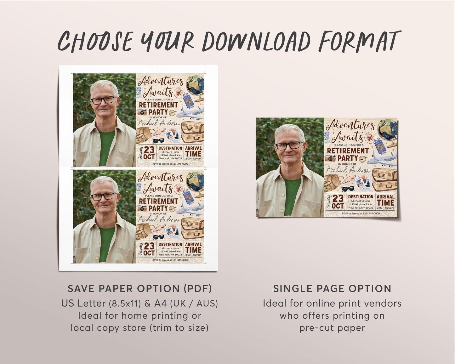 Travel Retirement Invitation With Photo Editable Template, Adventure Awaits Retirement Farewell Party Invite, Vintage Map Airplane Evite