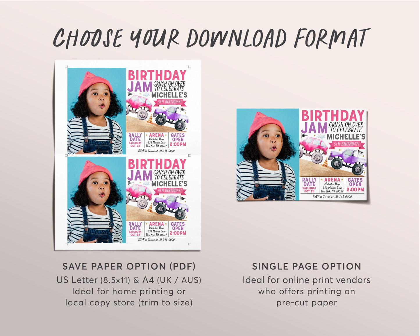 Birthday Monster Jam Birthday Invitation With Photo Editable Template, Girl Monster Truck Party Invite, Monster Truck Crush On Over Evite