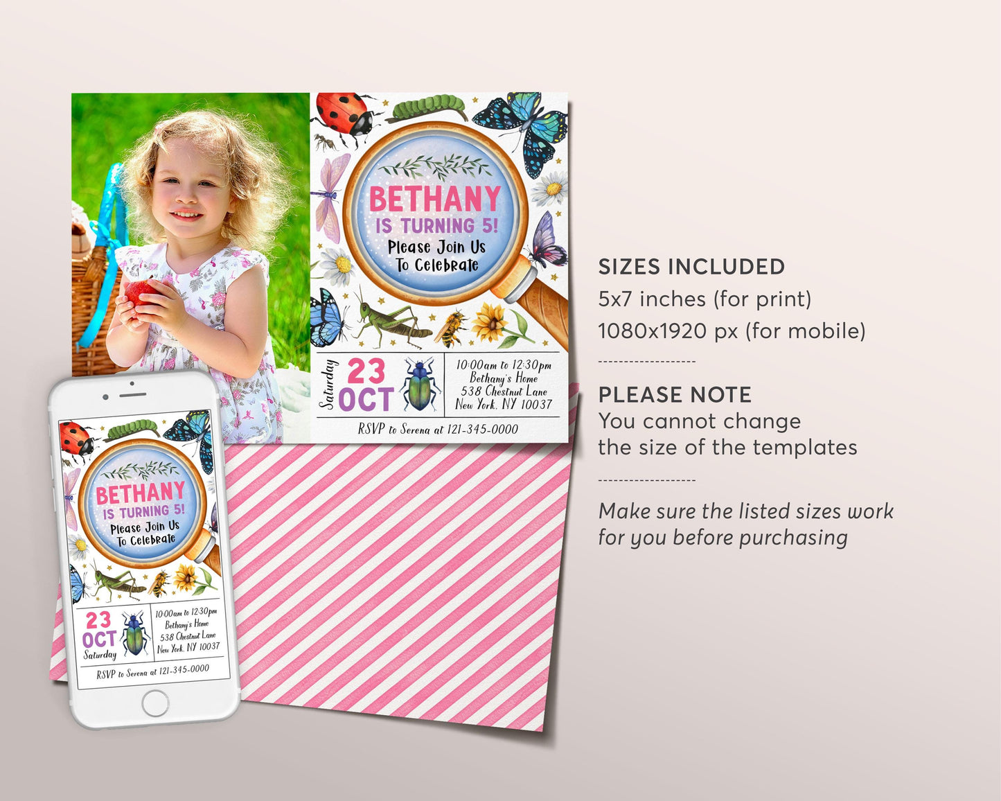 Insect Bugs Birthday Invitation With Photo Editable Template, Girl Spring Bug Party Invite, Kids Bugging Out Butterfly Hunt Garden Evite