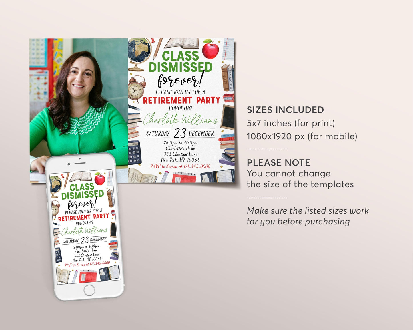 Teacher Retirement Invitation With Photo Editable Template, Class Dismissed Forever Party Invite, Principal Professor Retirement Celebration