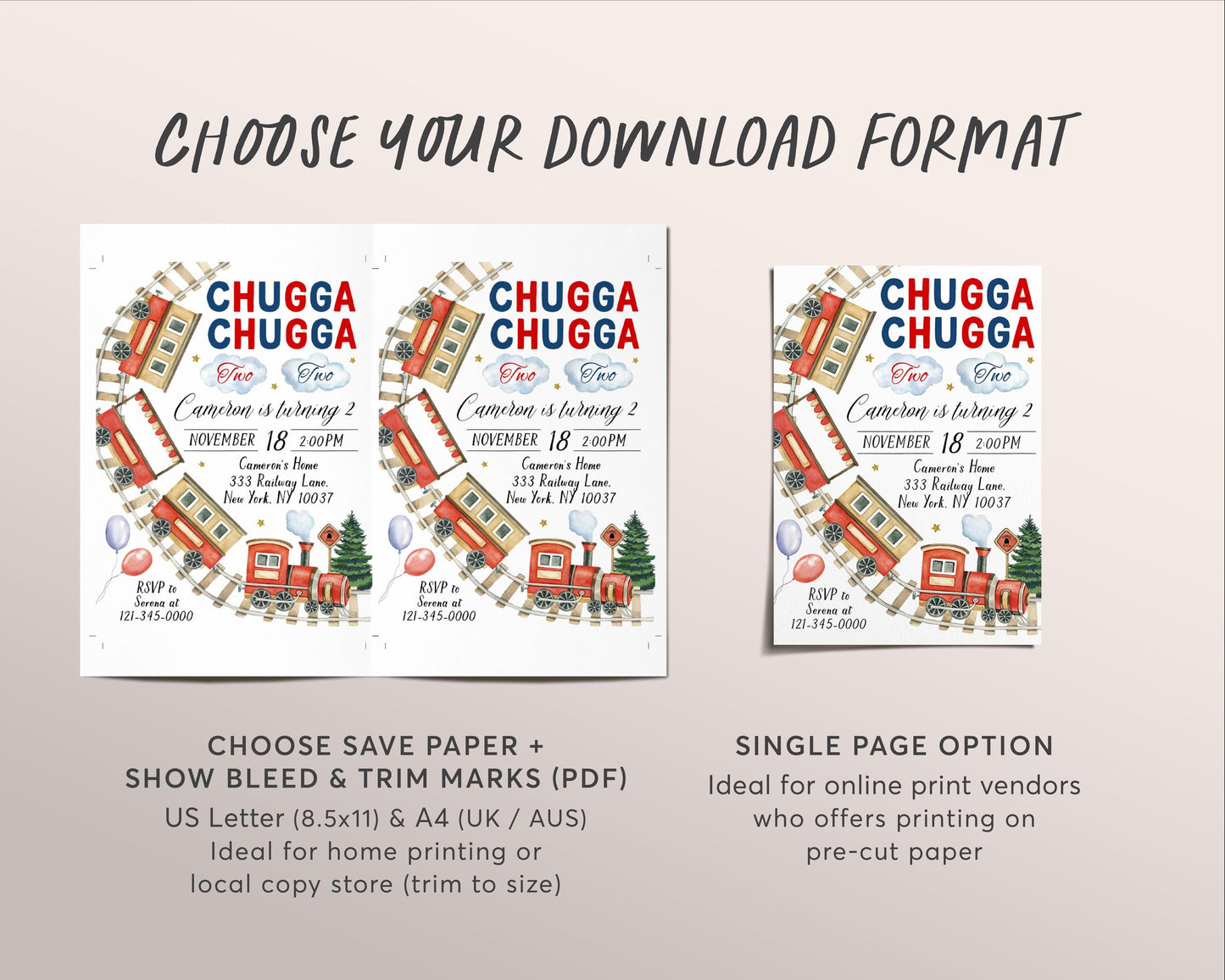 Chugga Chugga Two Two Train Birthday Invitation Editable Template, Chugga Choo Train 2nd Second Birthday Boarding Pass Party Invite Evite