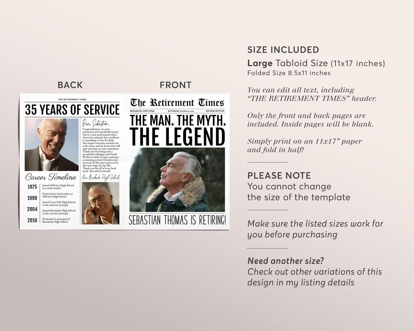 The Man The Myth The Legend Retirement Bouquet Wrap Editable Template, Retirement Party Newspaper Flower Wrap, Work Anniversary Poster Gift