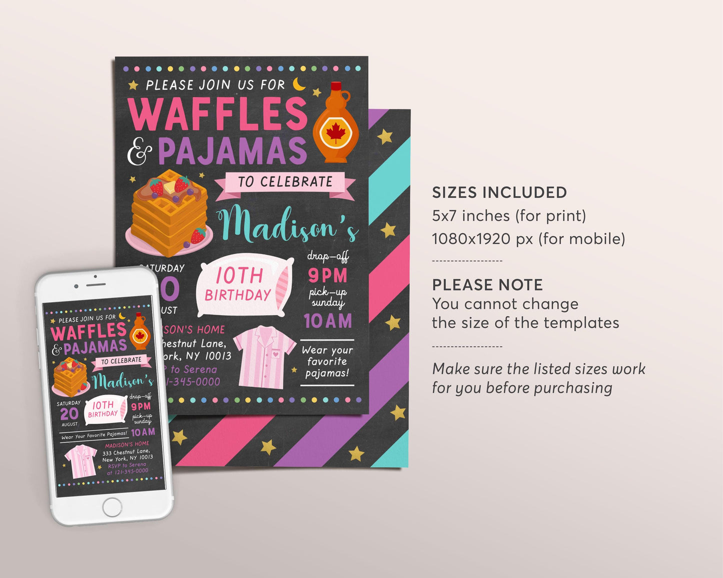 Waffles and Pajamas Party Birthday Invitation Editable Template, Girl Waffle And PJs Slumber Party Invite, Breakfast Brunch Sleepover Evite