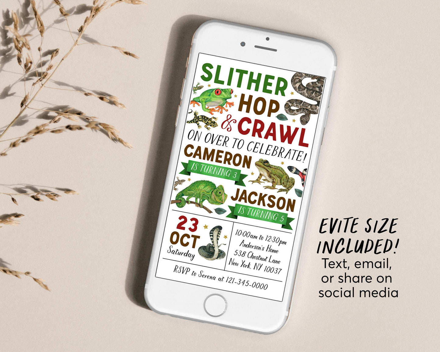 Reptile Joint Siblings Birthday Invitation Editable Template, Brothers Twins Slither Hop Crawl Party Invite, Kids Creepy Crawly Nature Evite