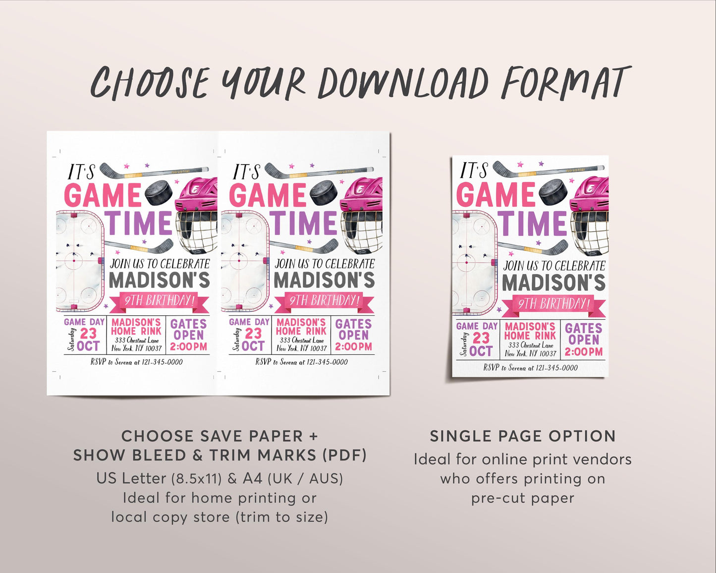 Ice Hockey Birthday Invitation Editable Template, Pink Ice Skating Rink Hockey Theme Invite, Girl Sports It's Game Time Puck Stick Evite