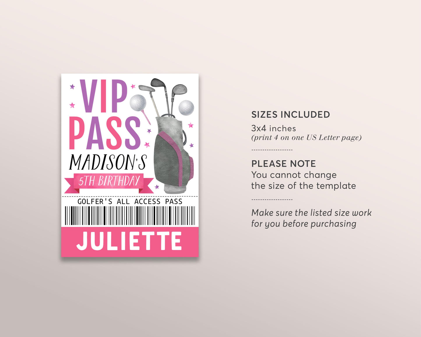 Golf Birthday All Star VIP Pass Editable Template, Girl Golfer's Golfing Party All Access Pass, Crew Pass Guests Name Tag ID Badge Lanyard