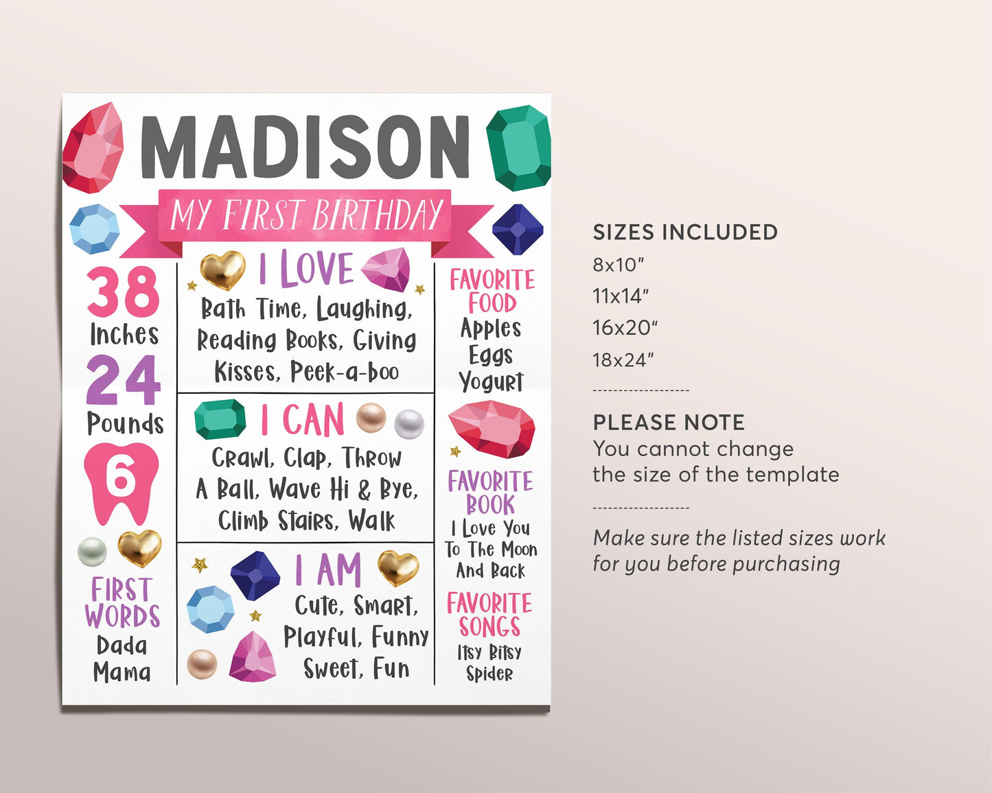 Gems First Year Milestone Sign Editable Template, Girl Gemstones Themed Birthday Party Poster, She's A Gem Geode Rocks Stats One Year Board