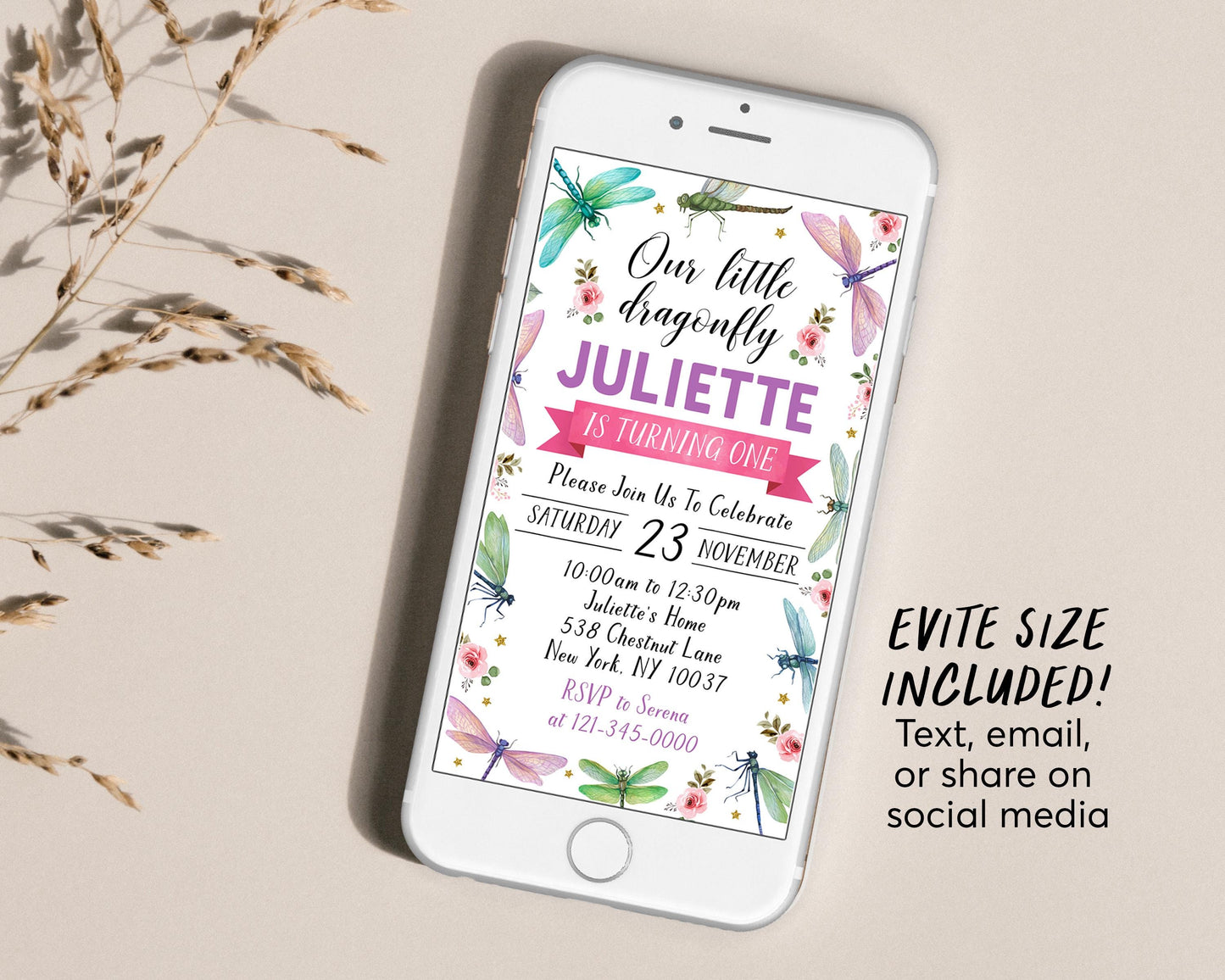 Dragonfly Birthday Invitation Editable Template, Girl Little Dragonfly Floral Party Invite, Summer Garden Party Bugs Insects Nature Evite