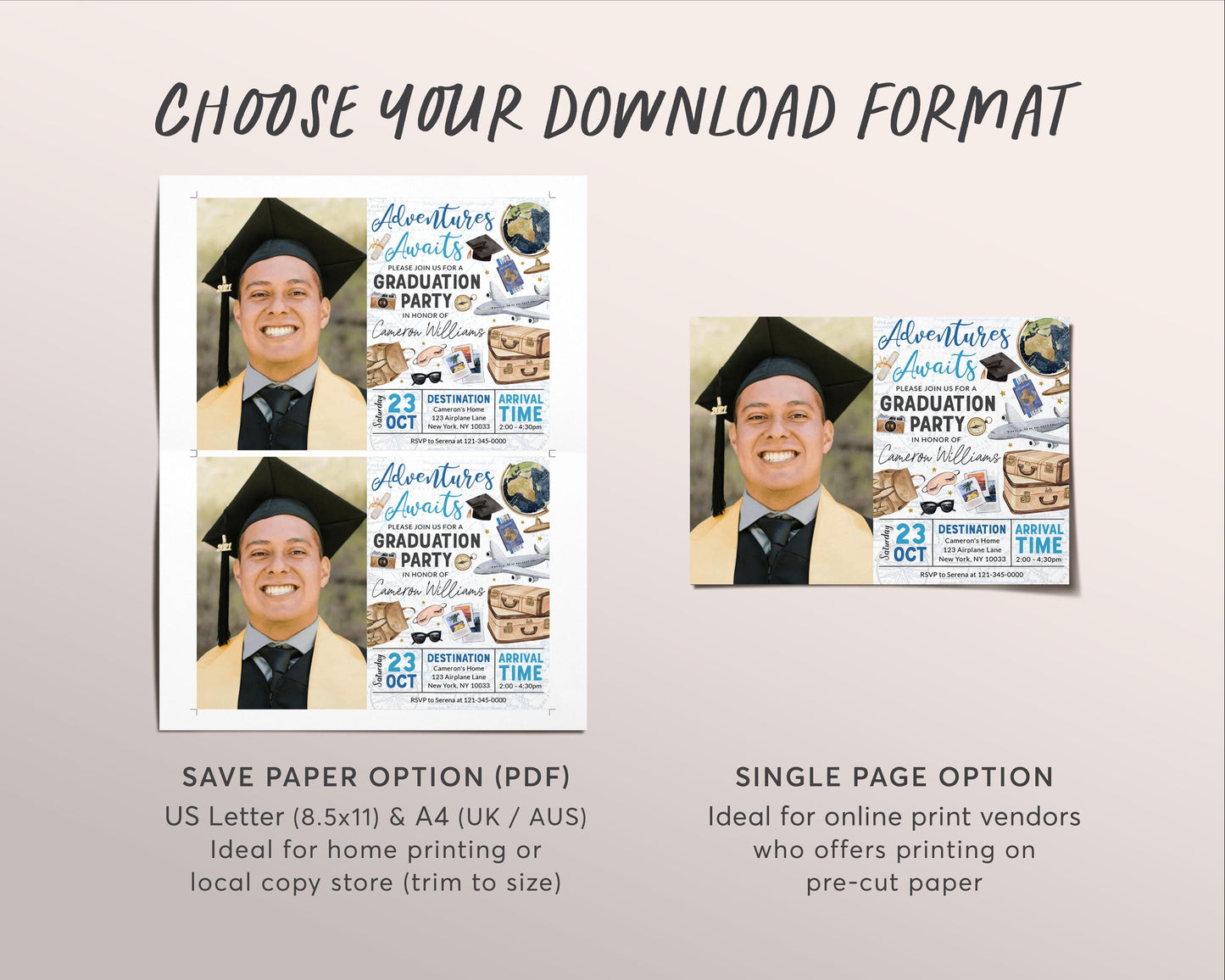 Farewell Graduation Invitation With Photo Editable Template, Travel Grad Announcement Party Invite, Around the World College Vintage Map