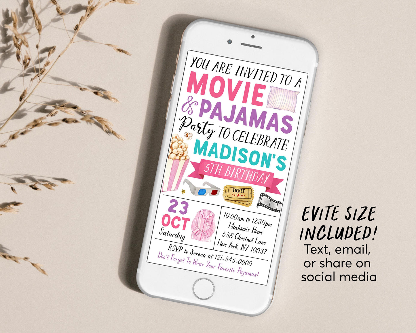 Movie and Pajamas Birthday Invitation Editable Template, Girl Slumber Party Popcorn Cinema Movie Ticket Invite, Sleepover Kids Party Evite
