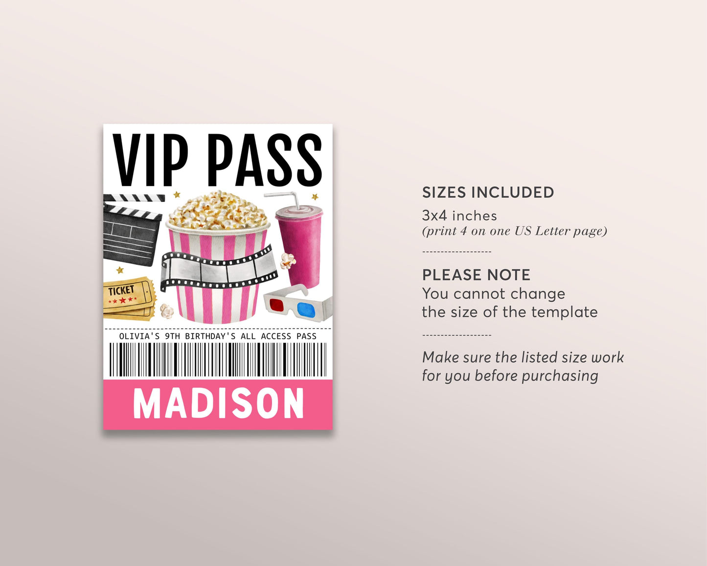 Movie Night VIP Pass Editable Template, Girl Movie Party All Access Pass, Hollywood Popcorn Party Name Insert, ID Badge VIP Insert Lanyard