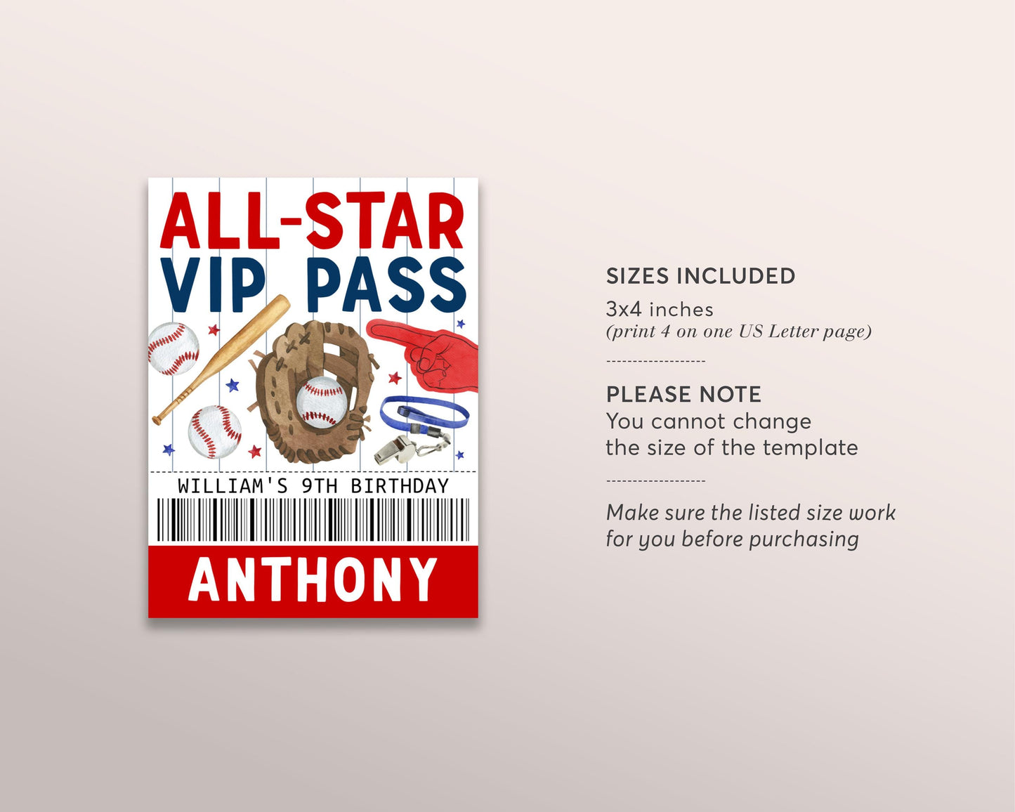 Baseball Birthday All Star VIP Pass Editable Template, Game Day Party All Access Pass, Guests Name Tag Insert ID Badge Team Lanyard Decor