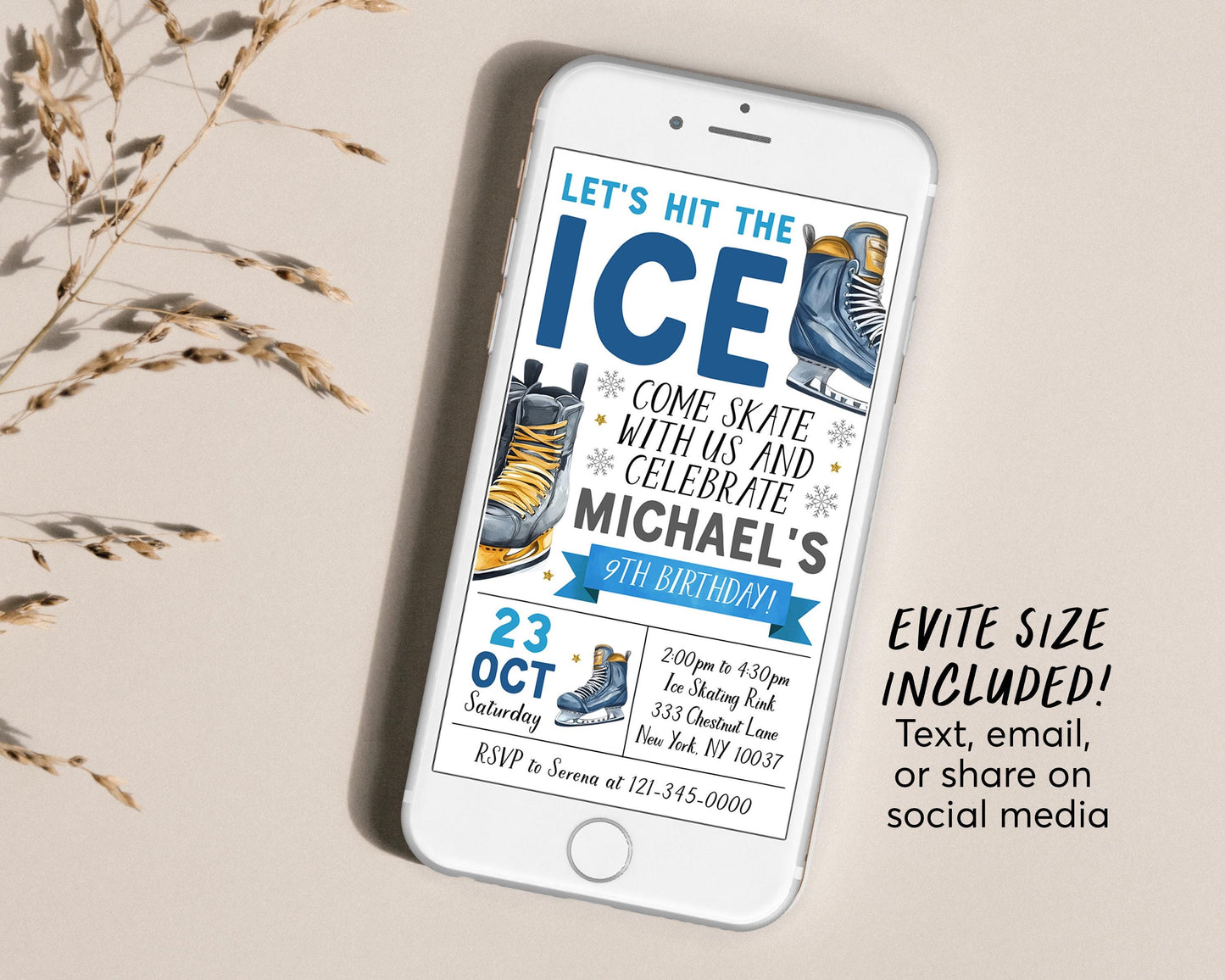 Ice Skating Birthday Invitation With Photo Editable Template, Boy Ice Hockey Skating Party Invite, Let's Hit The Ice Sports Skate Rink Evite