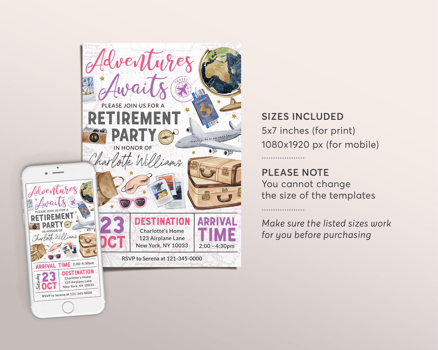 Travel Retirement Invitation Editable Template, Adventure Awaits Retirement Farewell Party Invite For Her, Around The World Airplane Evite