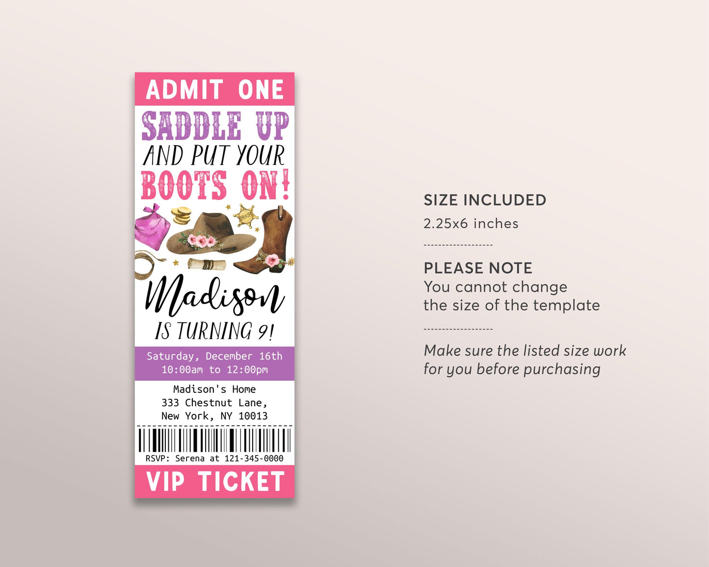 Rodeo Birthday Ticket Invitation Editable Template, Cowgirl Country Western Wild West Party Invite, Boy Saddle Up Ranch Southwestern Evite