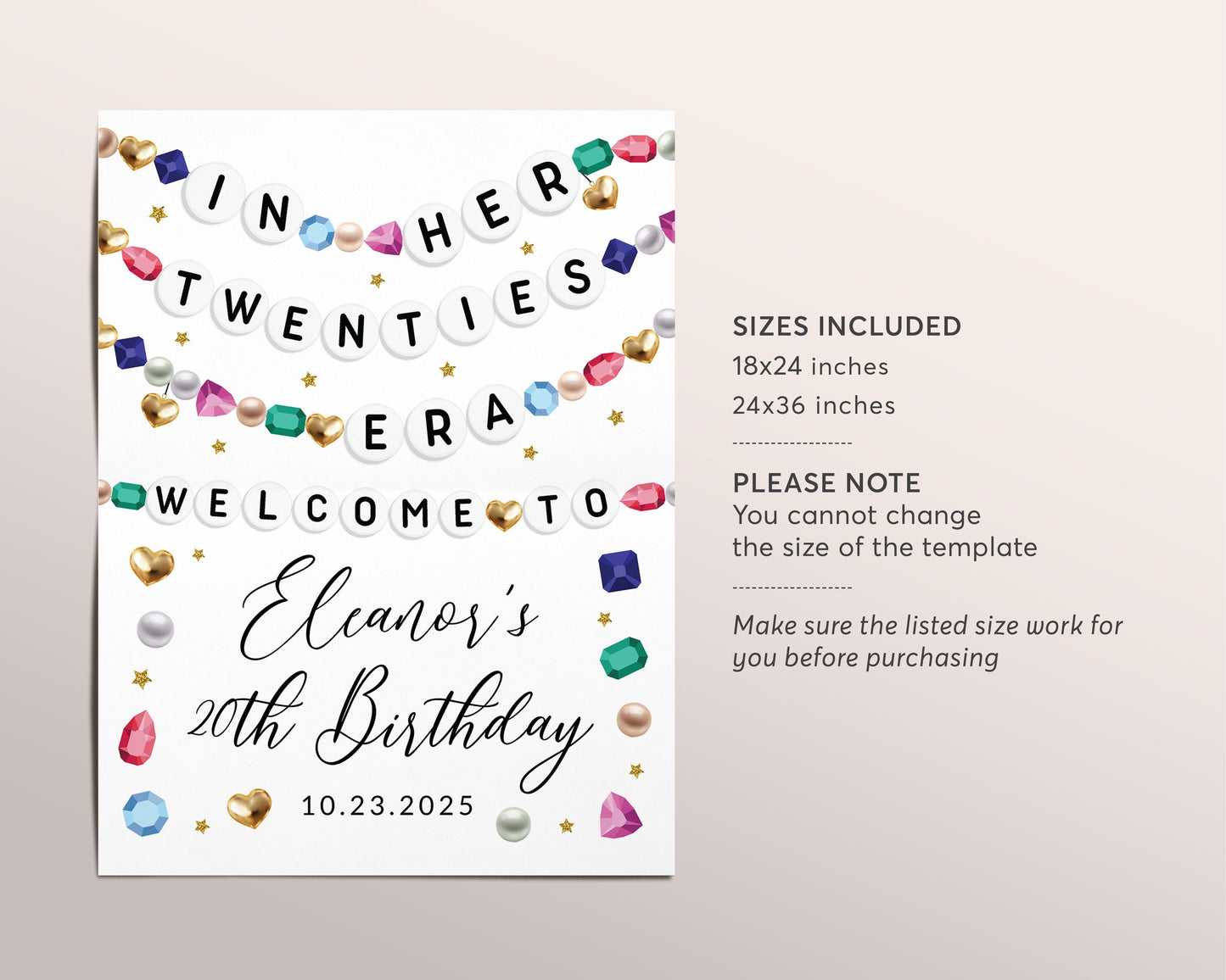 In My Twenties Era Welcome Sign Editable Template, Eras Friendship Bracelet Party Birthday Poster, Twentieth 20th Birthday Music Gems Board
