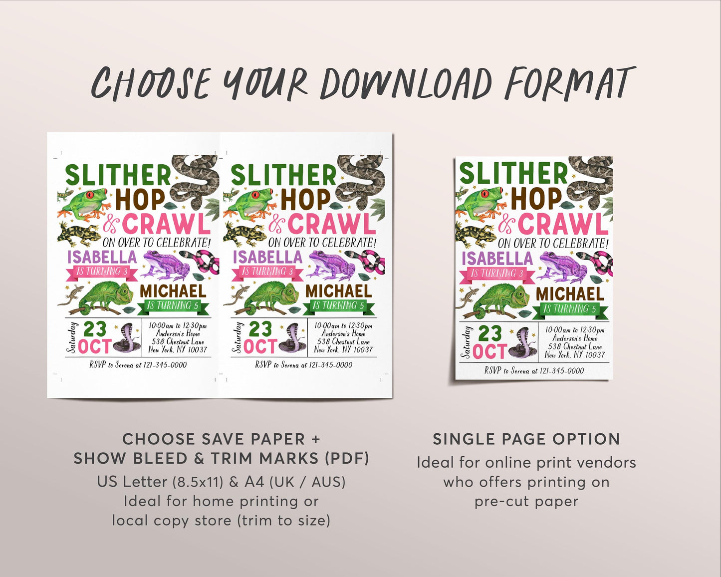 Reptile Joint Siblings Birthday Invitation Editable Template, Boy Girl Twins Slither Hop Crawl Party Invite, Kids Creepy Crawly Nature Evite